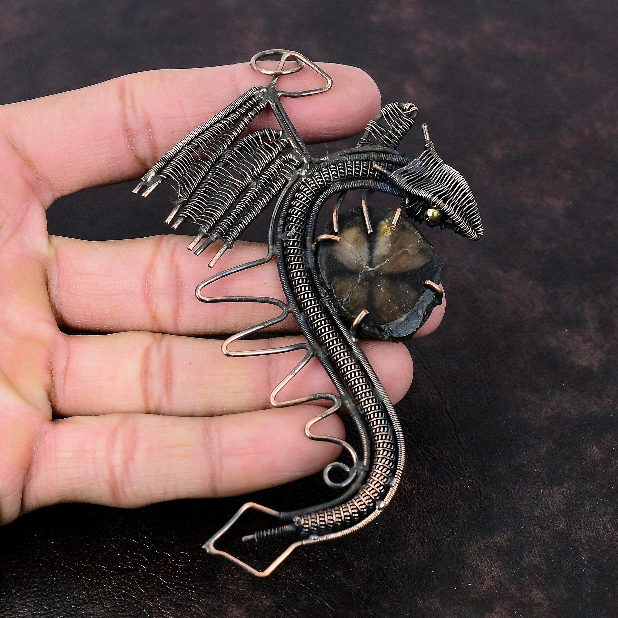 Подвеска с хиастолитом, медная проволока, кулон, дизайн дракона, кулон, ювелирные изделия ручной работы, кулон с драгоценным камнем, антикварная медная подвеска, подарок для жены