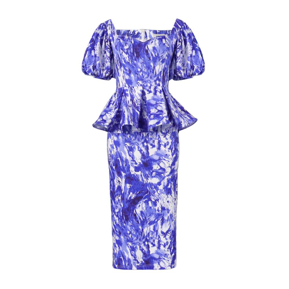 Women Dresses Blue Peplum Midi Tie Dye Short Puff Sleeve Vintage Elegant Office Ladies Evening Cocktail Event Gowns Plus Size