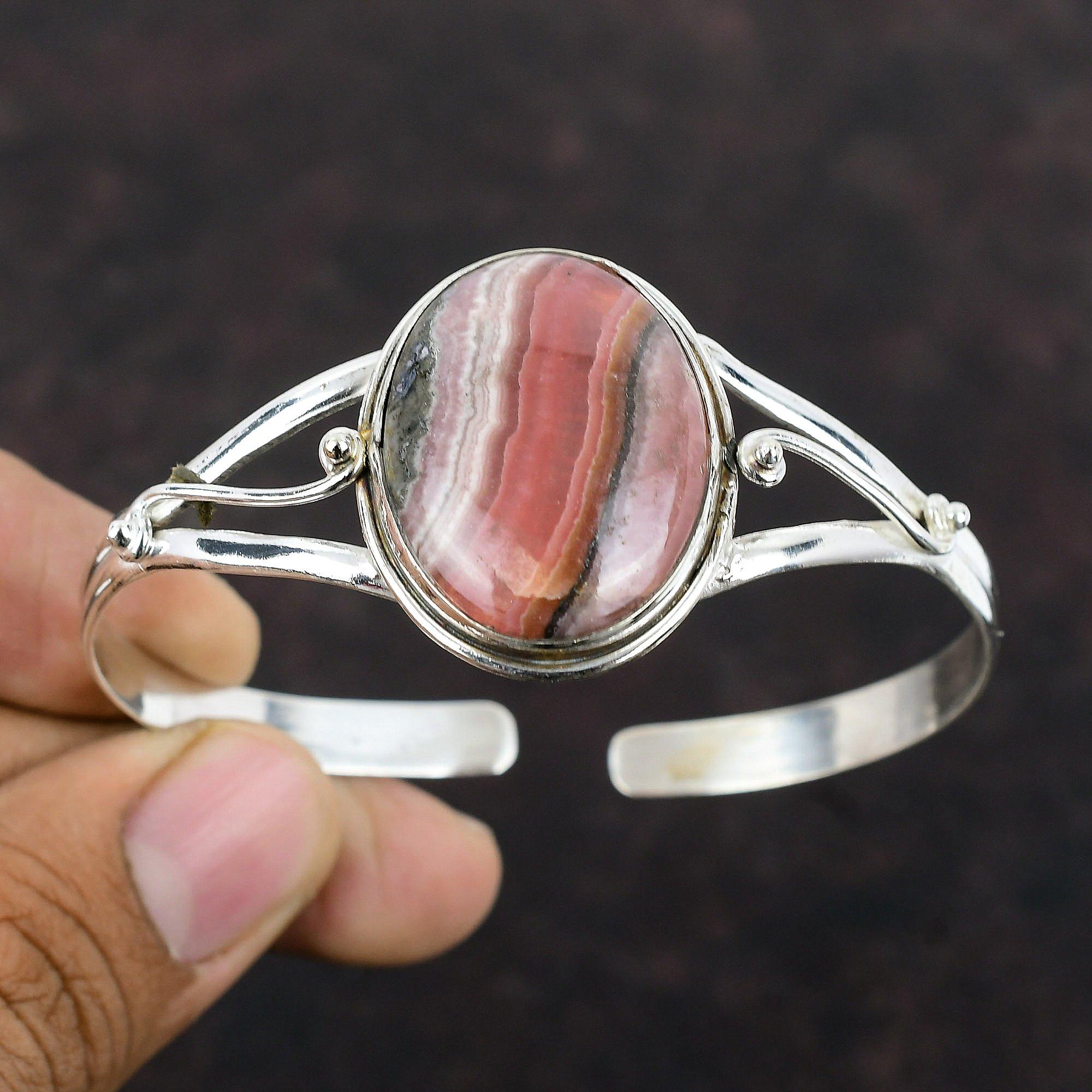 Rhodochrosite Cuff Bracelet Real Gemstone Bangle 925 Sterling Silver Cuff Bracelet Handmade Jewelry Adjustable Bangle For Gift Women Jewelry