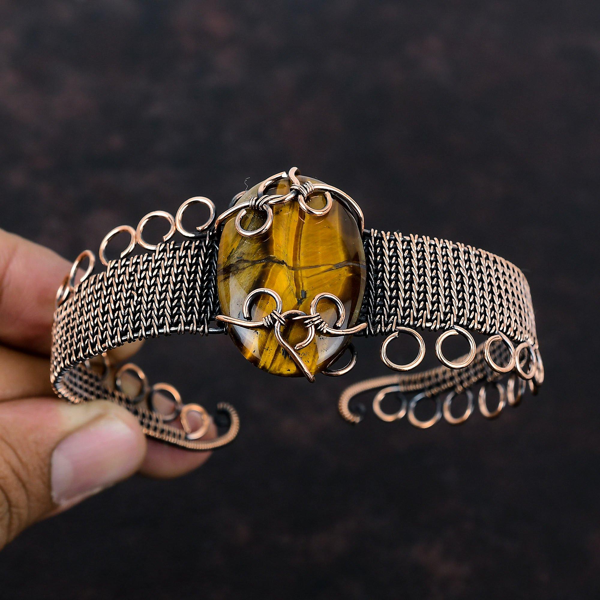 Браслет-манжета с драгоценным камнем тигровый глаз, регулируемый браслет-манжета с медной проволокой, уникальный браслет ручной работы, подарок для нее, ювелирные изделия с медной проволокой