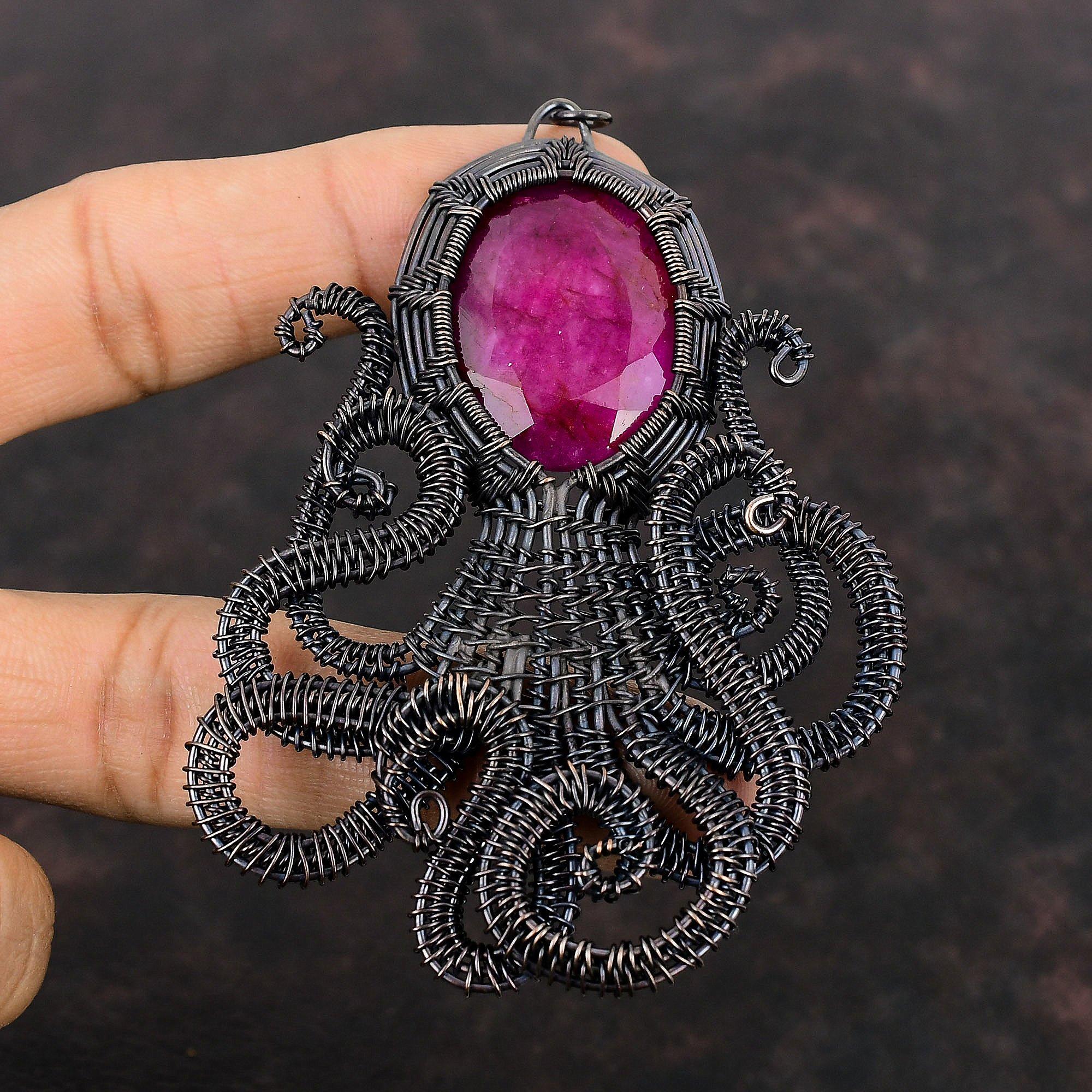 Кулон с ограненным кашмирским рубином, обернутый медной проволокой, кулон ручной работы из медной проволоки, обернутый драгоценным камнем, кулон в виде осьминога, подарок для мамы
