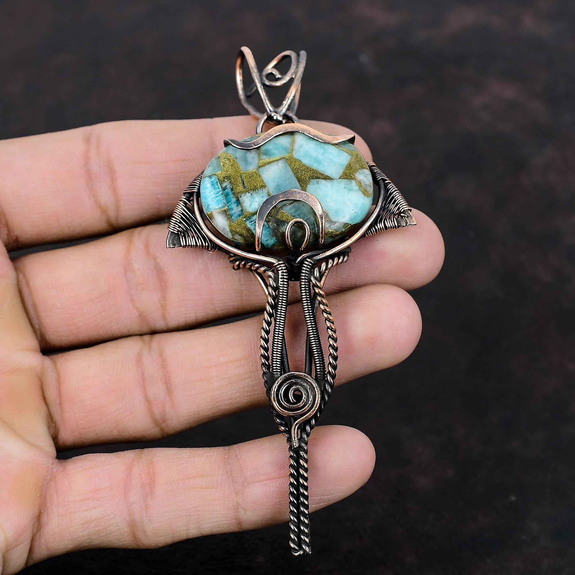 Медный амазонитовый кулон, обернутый медной проволокой, драгоценный камень, амазонит, ювелирное изделие, кулон для женщин, кулон ручной работы, медные украшения для подарка