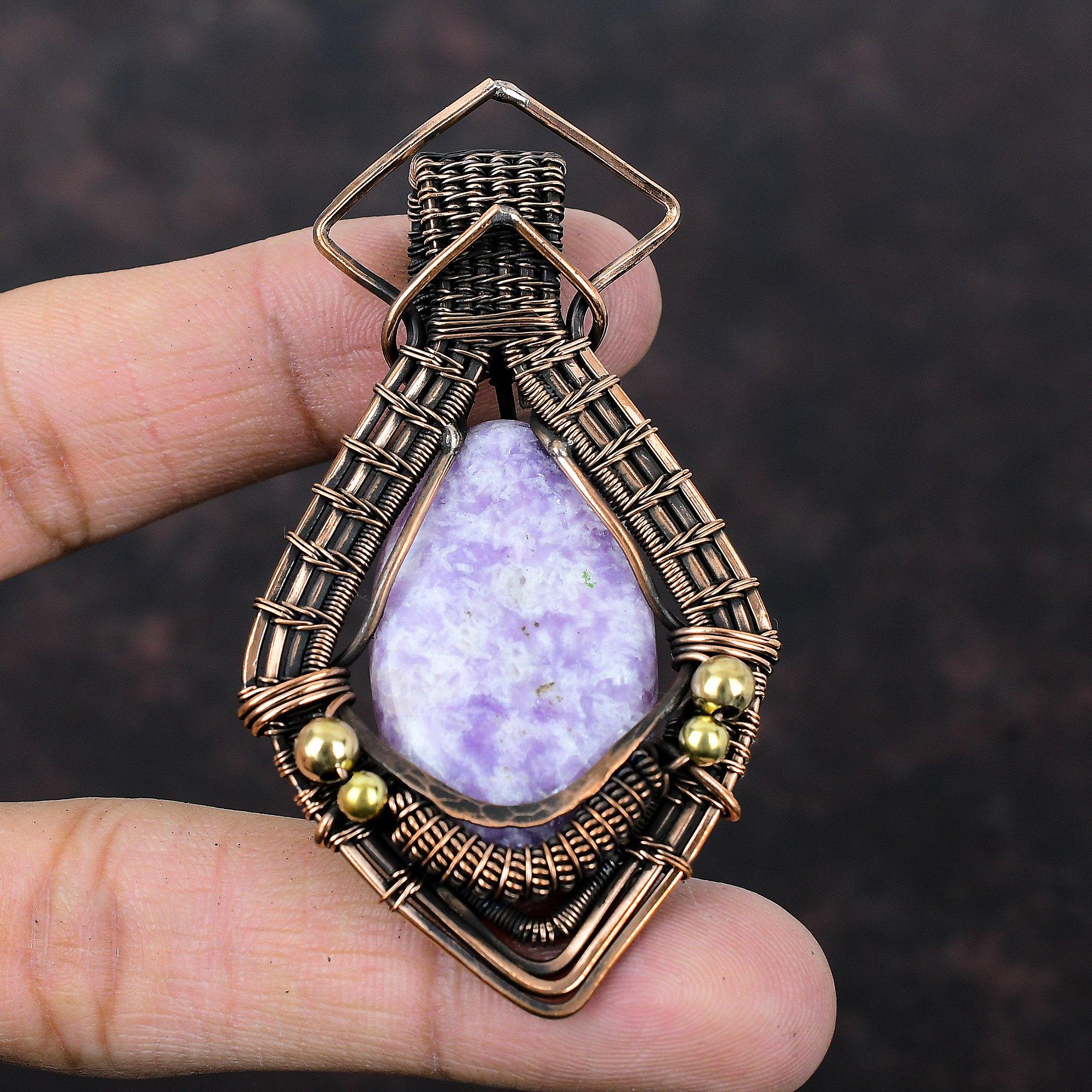 Подвеска из лепидолита, подвеска, обмотанная медной проволокой, подвеска из натурального драгоценного камня, украшение ручной работы с медной проволокой, подарок для матери, украшение из лепидолита