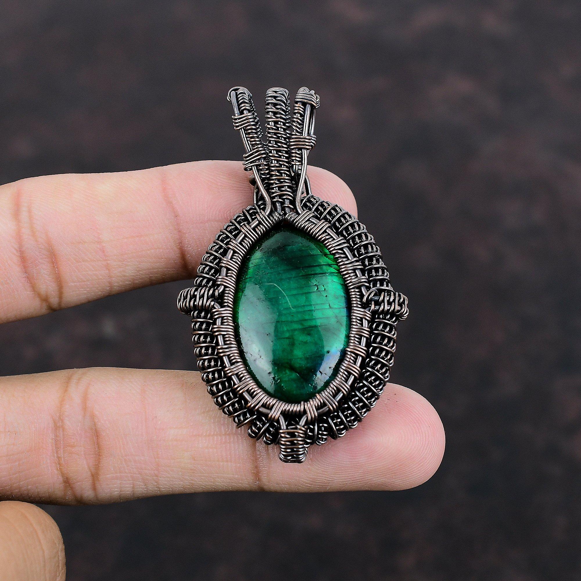 Зеленый огненный лабрадорит кулон медная проволока обернутая ювелирное изделие кулон ручной работы антикварное ювелирное изделие обернутый драгоценный камень кулон медный кулон для подарка