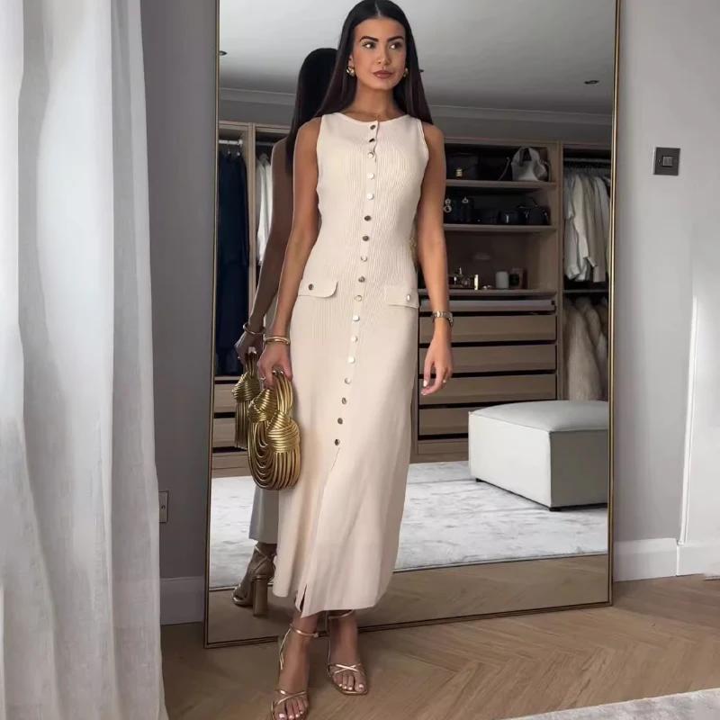 Knitted Sleeveless Long Dresses Women O Neck Single Breasted Fake Pockets Decoration Split Party Dress Autumn Beach Robe