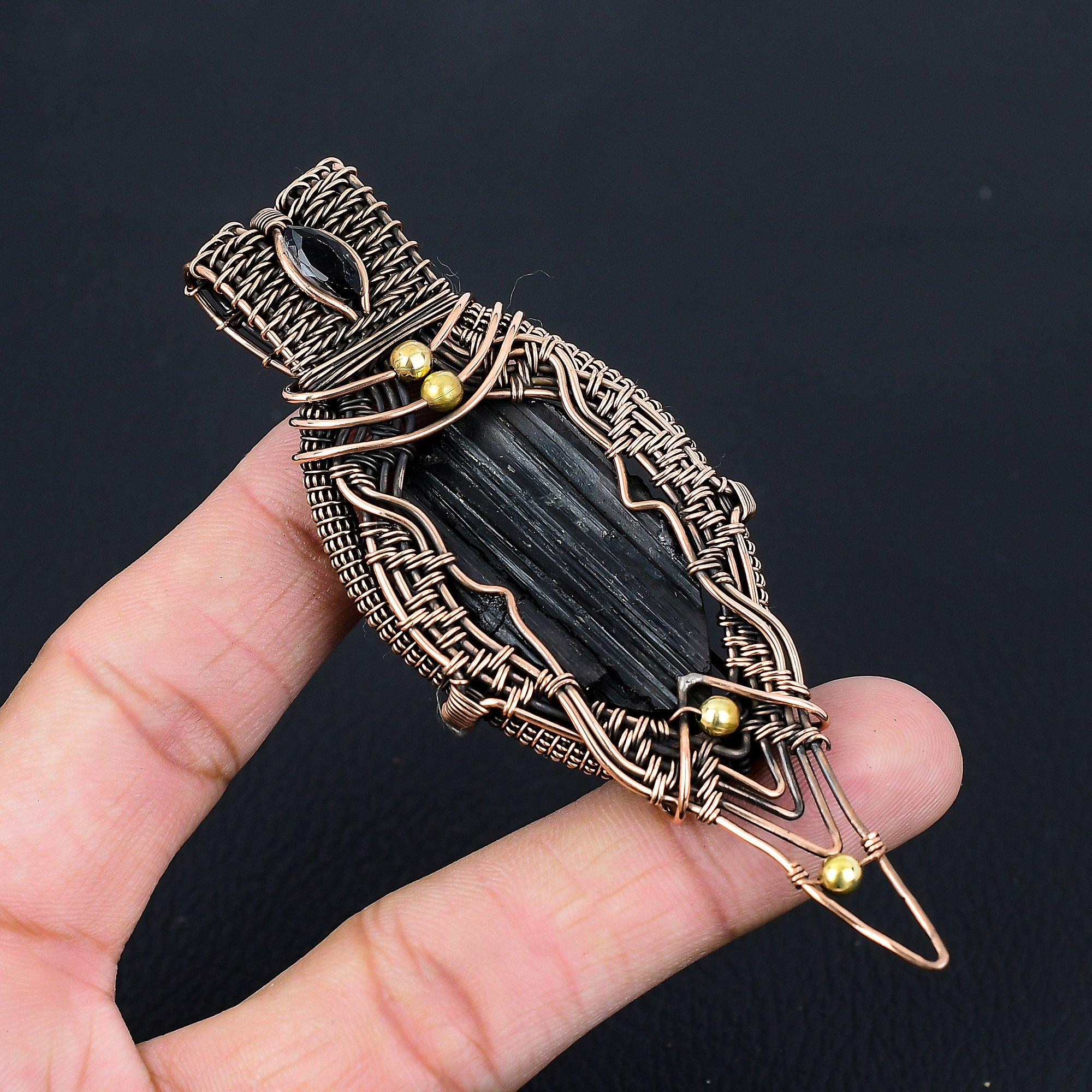 Черный турмалин, драгоценный камень, чистая медная проволока, обернутая подвеской ручной работы, ювелирное изделие, подарок