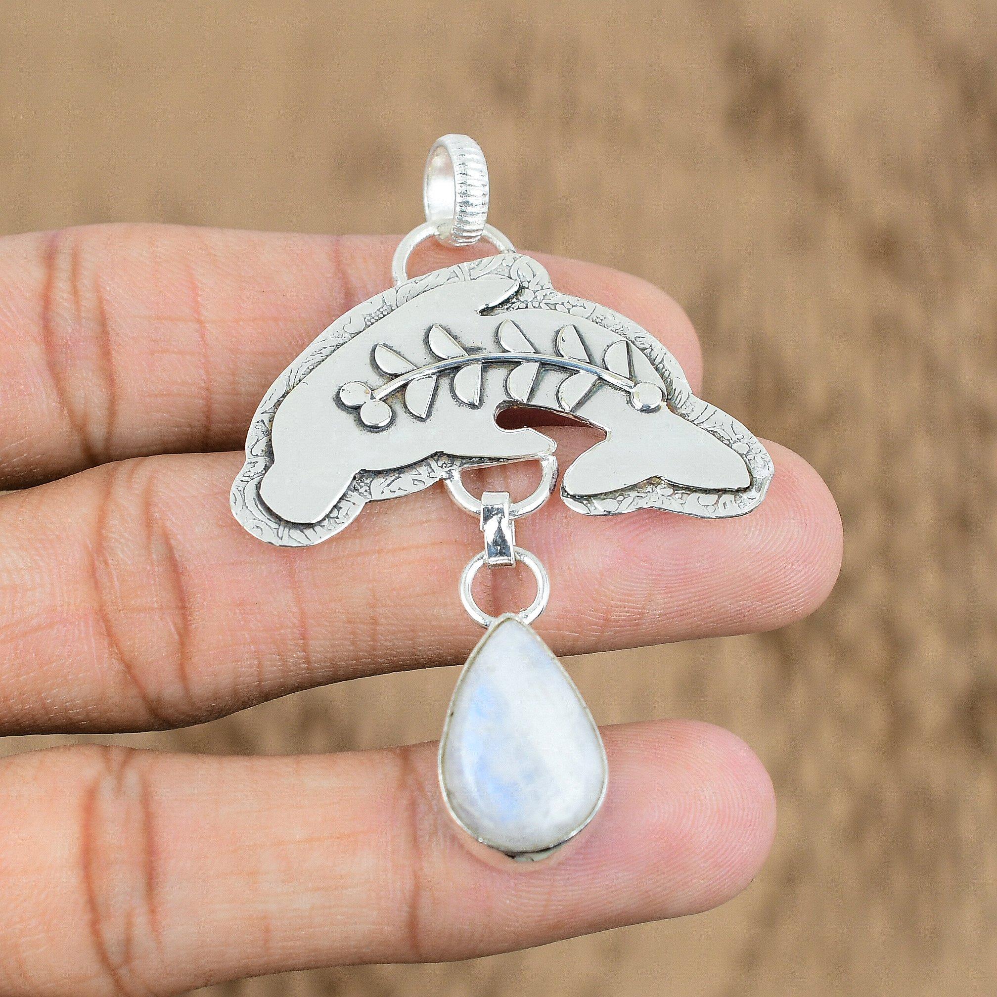 Natural Rainbow Moonstone Gemstone Pendant Fish 925 Sterling Silver Jewelry