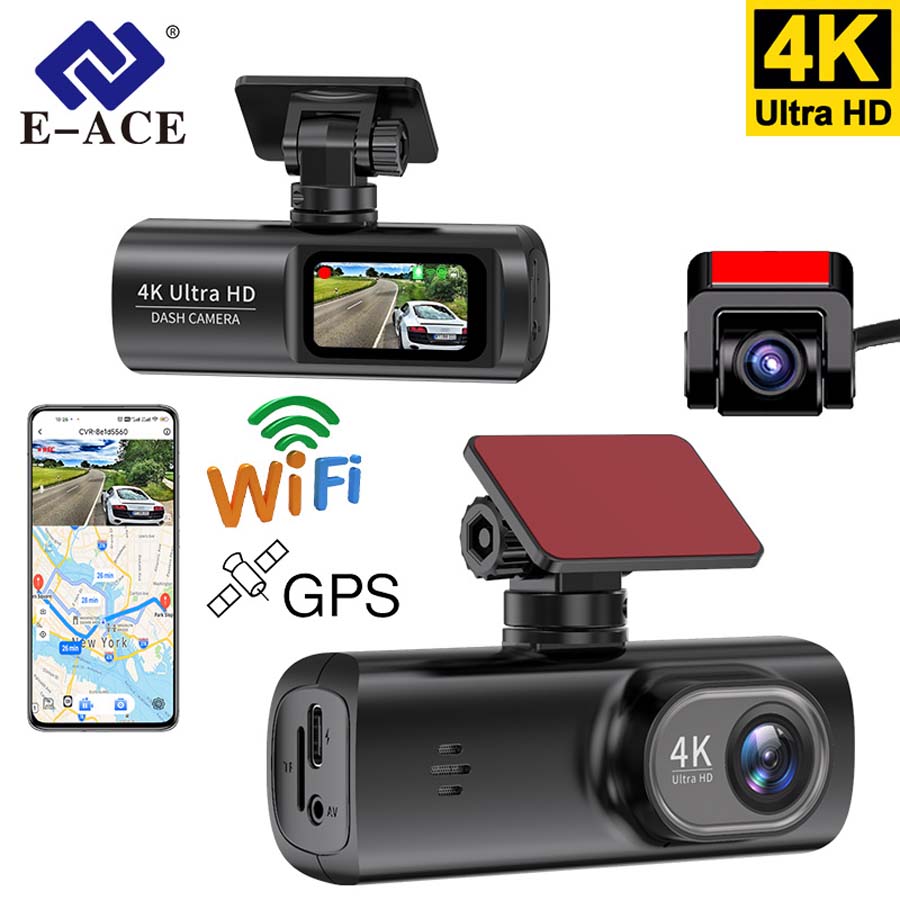 E-ACE Dash Cam UHD 4K для автомобильной камеры ночного видения с GPS WiFi 24-часовая запись парковочного цикла 4K передняя и 1080P задняя с двумя объективами