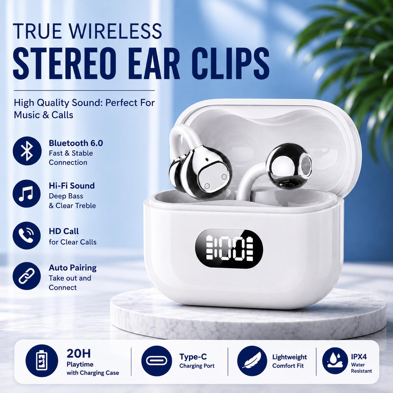 Clip-On Open Ear Air Conduction Earbuds Bluetooth 6.0 Touch Control Digital Display Charging Case Sports Gaming Earphones for iOS Android
