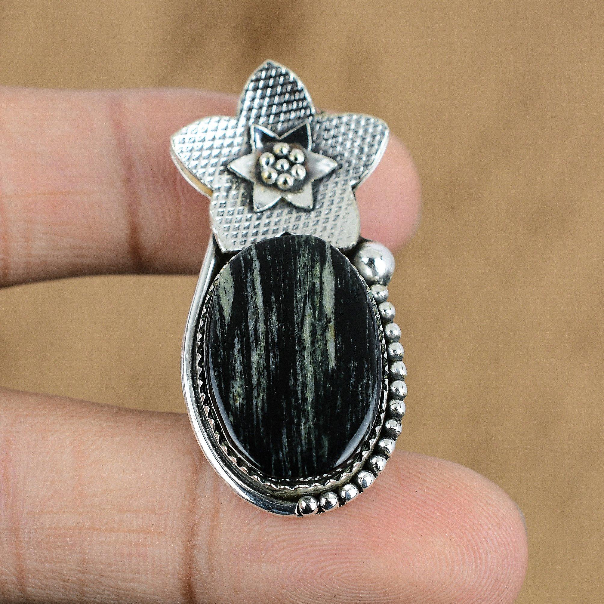 Anniversary Gift For Her Natural Silver Leaf Jasper Pendant Flower 925 Silver