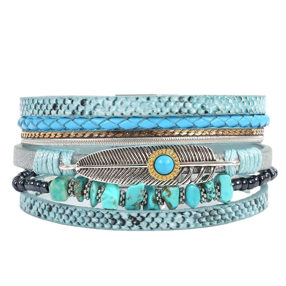 Bohemian Multi Layer Leather Bracelet for Women Jewelry Natural Stone Bead Feather Magnet Buckle Bracelets