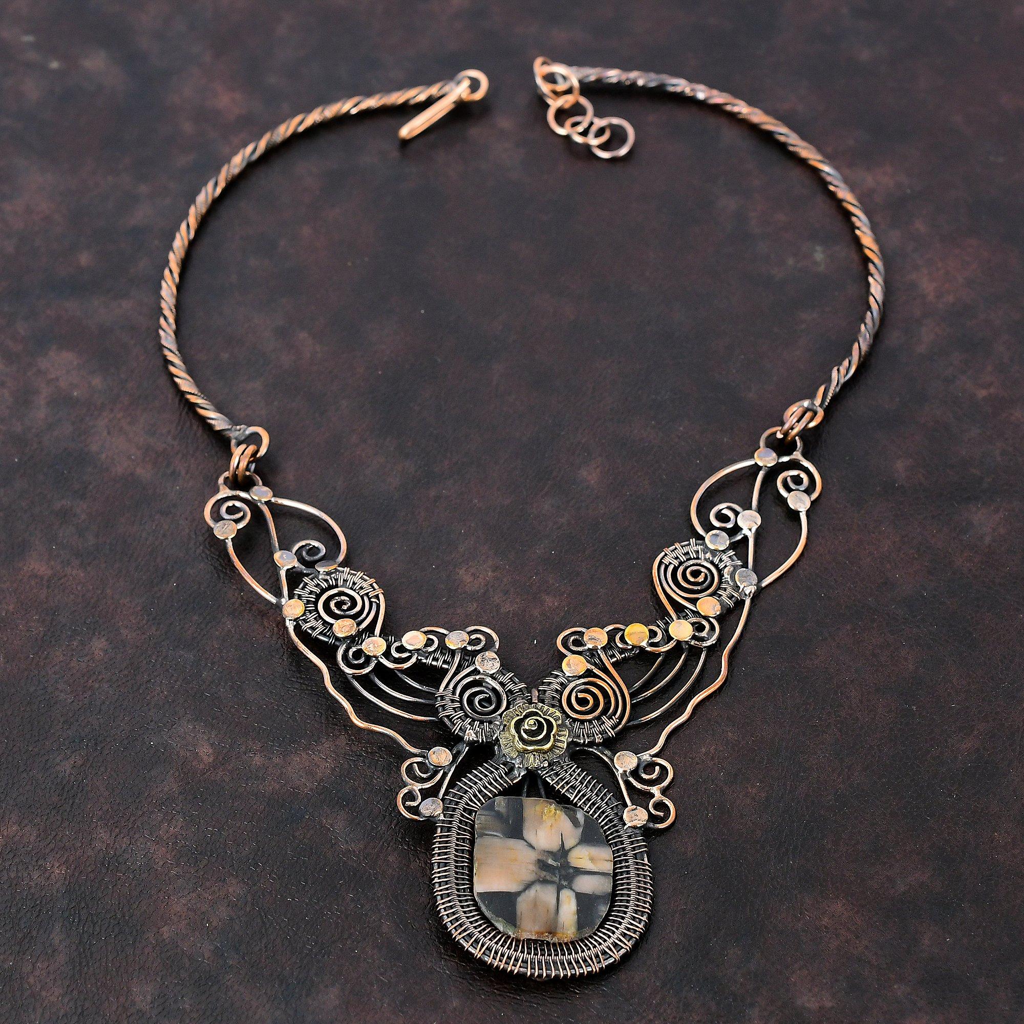 Ожерелье с хиастолитом, обернутое медной проволокой, ожерелье высшего качества, ювелирные изделия из драгоценных камней, регулируемое ожерелье ручной работы, ювелирное изделие из медной проволоки, подарок для нее