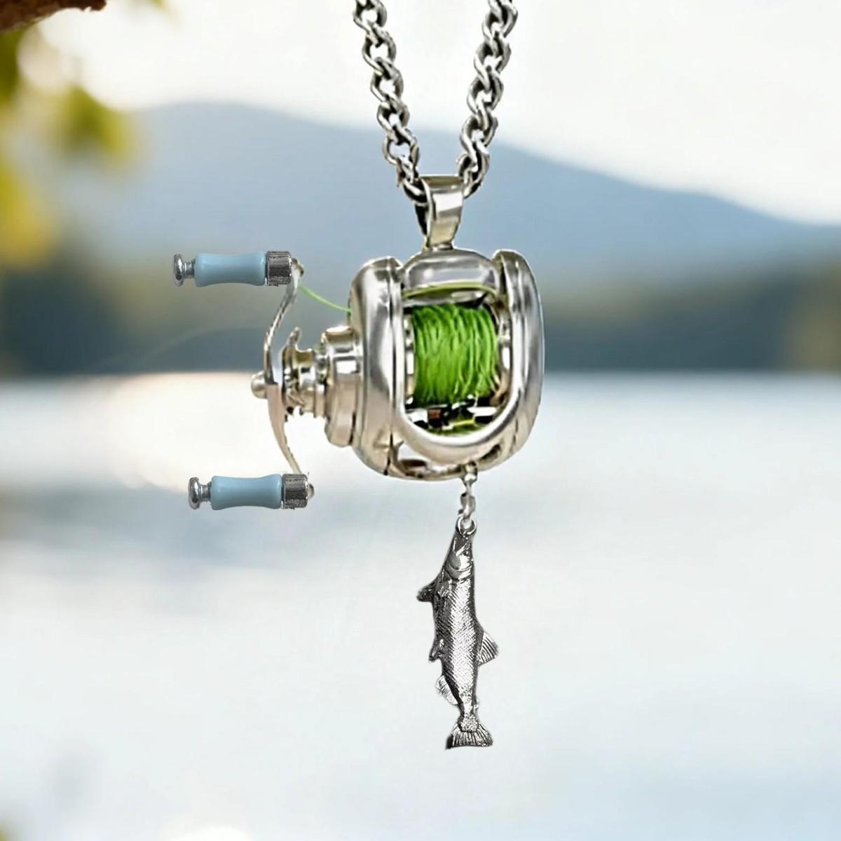 Mini Fishing Reel Pendant Necklace, Unique Alloy Fish Charm Necklace for Fishing Lovers Men Fashion Statement Jewelry
