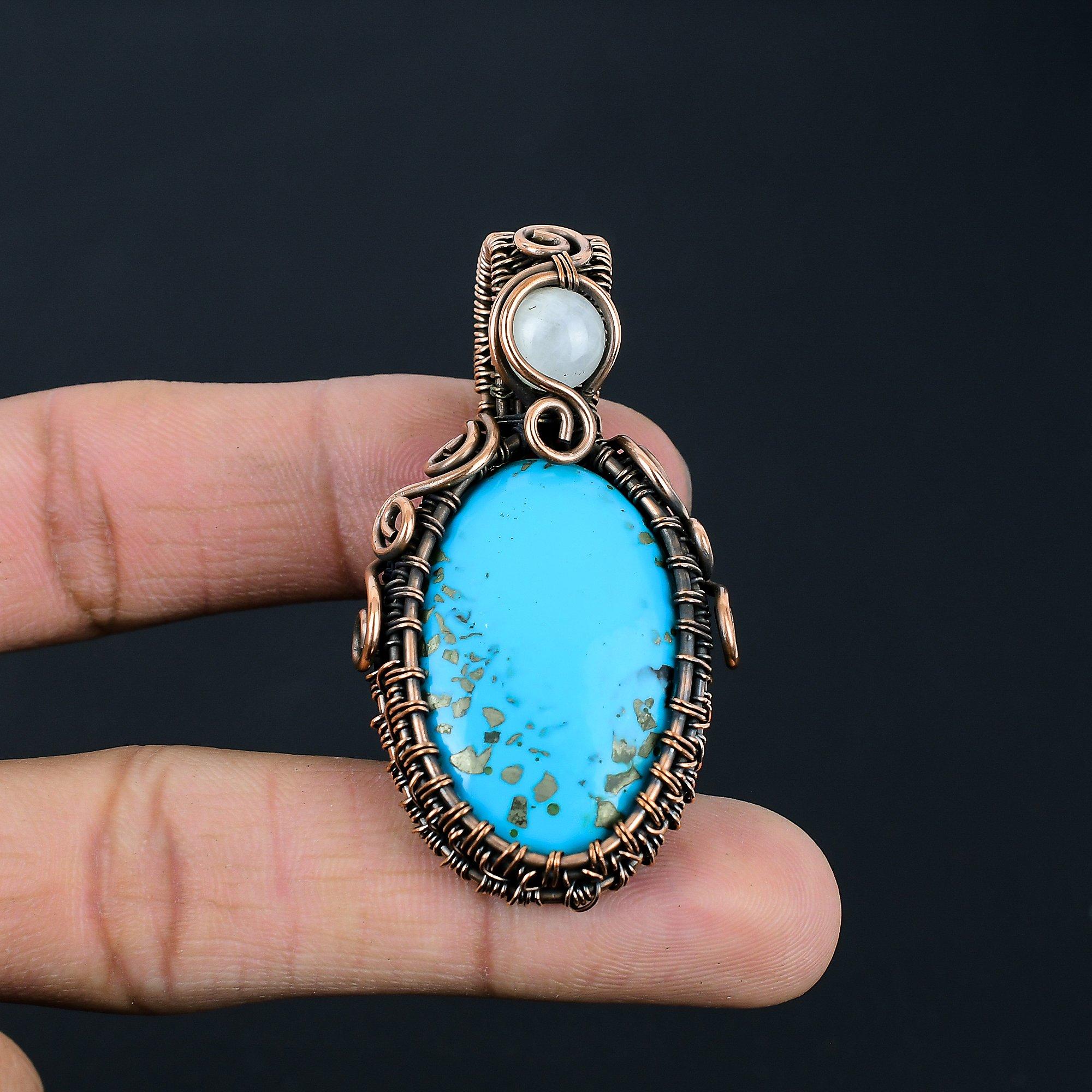 Turquoise & Moonstone Gemstone Handmade Pure Copper Wire Wrap Jewelry Pendant For Love