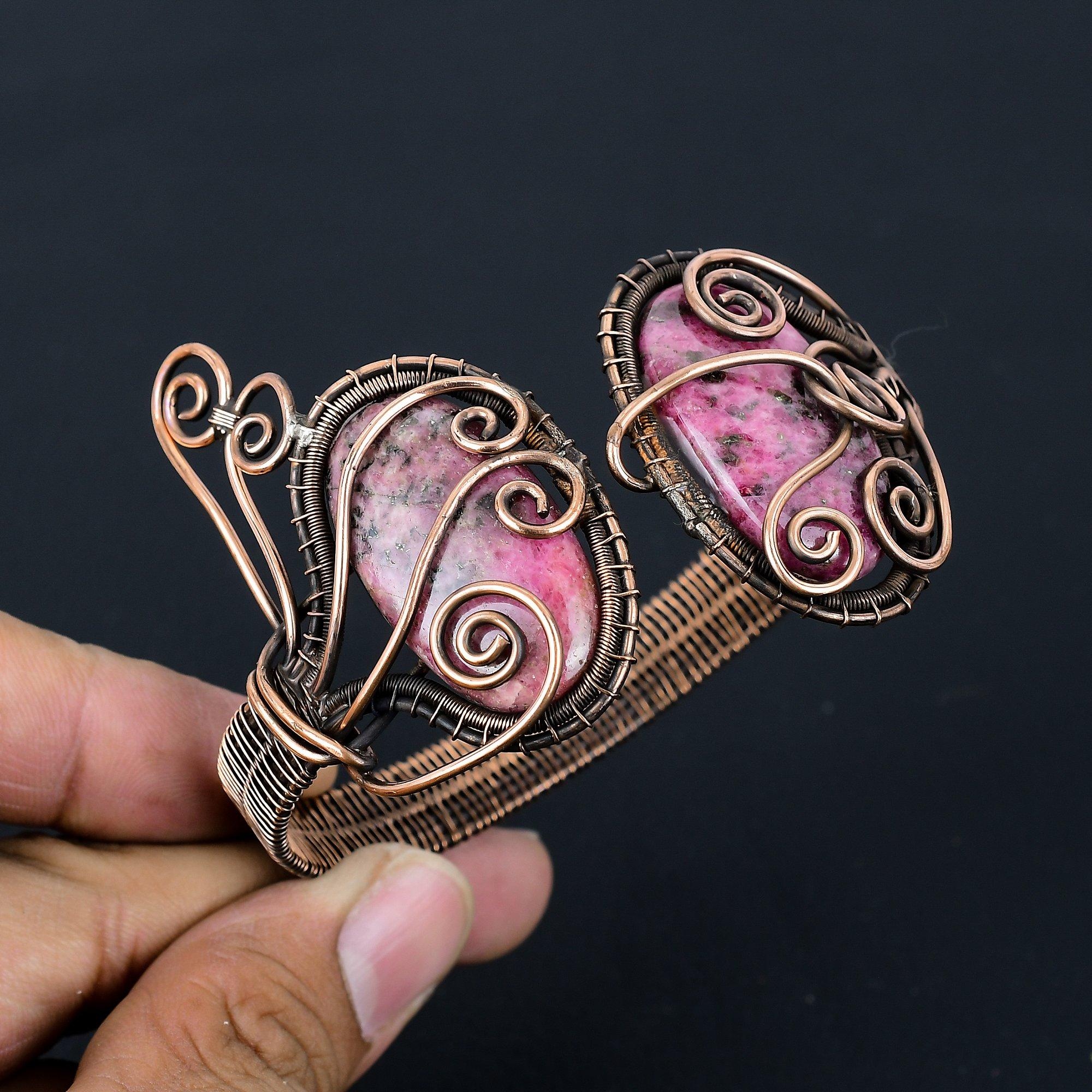 Драгоценный камень родонит, чистая медная проволока, завернутая в манжеты/браслет ручной работы, ювелирные изделия для нее