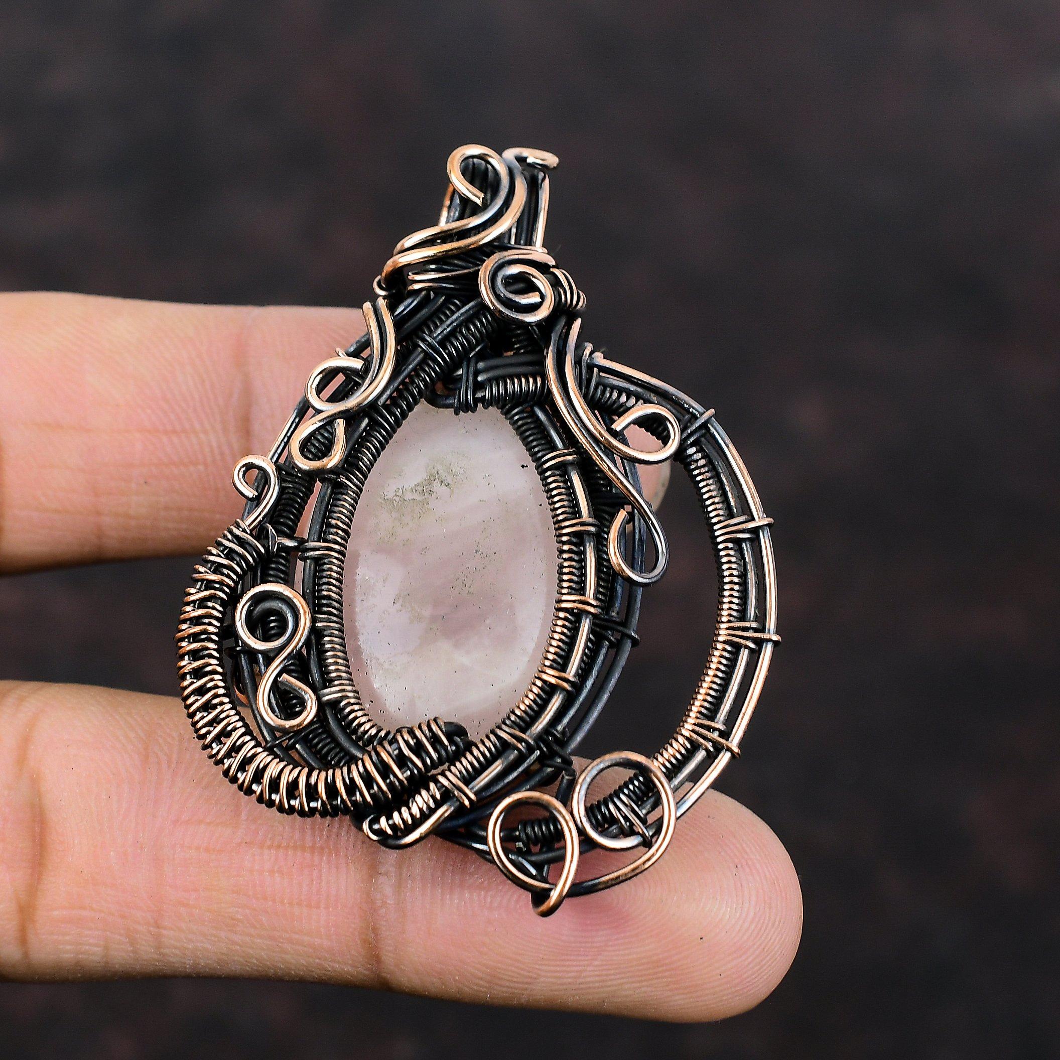 Кулон из розового кварца, медная проволока, кулон с драгоценным камнем, элегантный кулон, ювелирные изделия из розового кварца, медные украшения ручной работы для подарка, достойный кулон