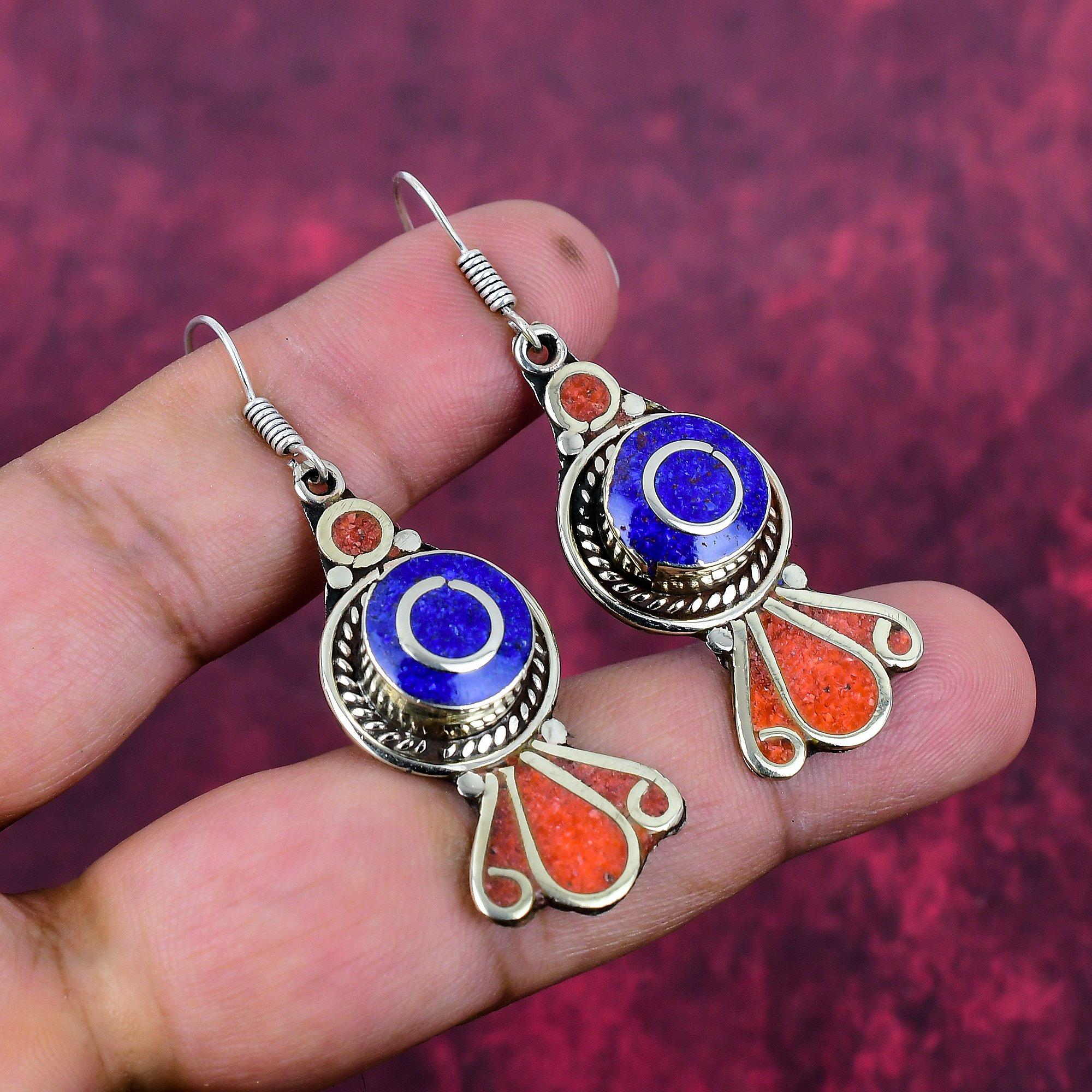 Серьги с лазуритом и кораллом, драгоценные камни, серьги из чистого стерлингового серебра 925 пробы, серьги ручной работы, подарок на день рождения, ювелирное изделие