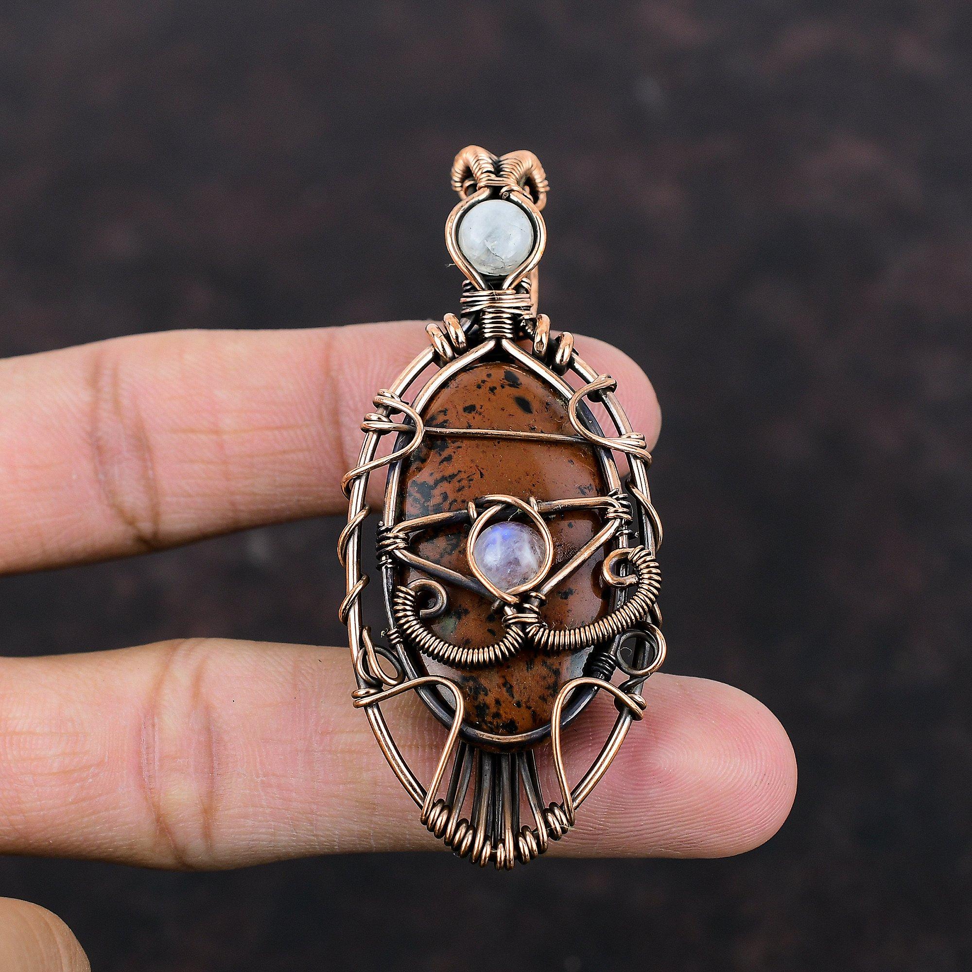 Сглаз, красное дерево, обсидиан, кулон, медная проволока, кулон, кулон с лунным камнем, медная проволока, ювелирные изделия, кулон с драгоценным камнем, кулон ручной работы