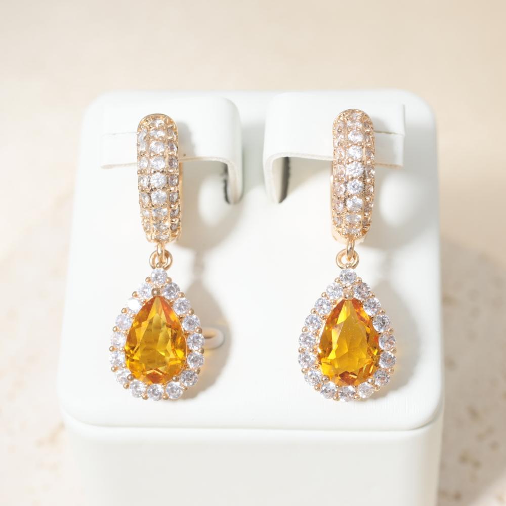 Sparkly Yellow Zirconia Teardrop Earrings for Women Fashion Earring Jewelry Wedding Party Accessories