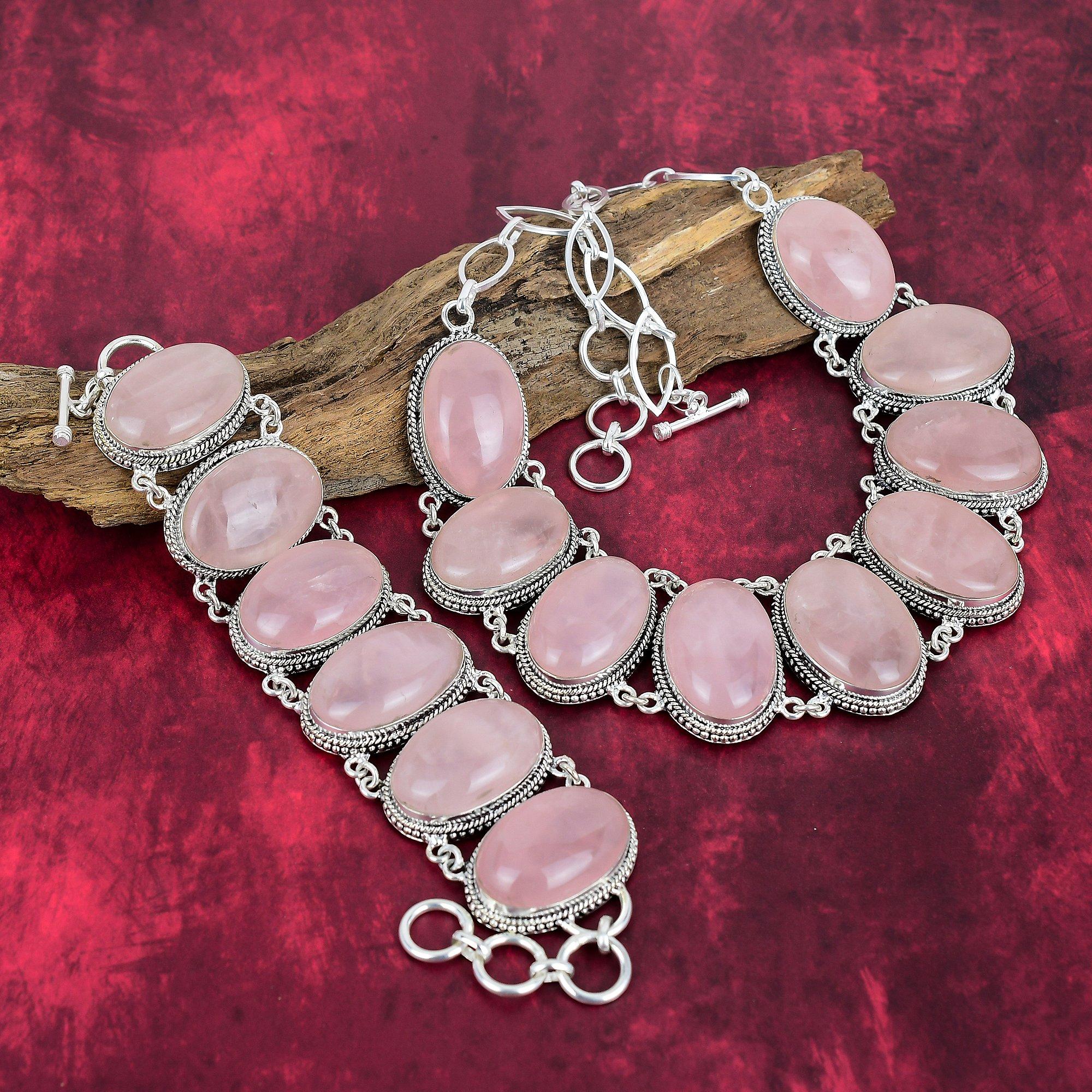 Rose Quartz 925 Solid Sterling Silver Bracelet & Necklace Jewelry Set, Beautiful Handmade Gemstone Jewelry Set, Adjustable Chain Jewelry for Her