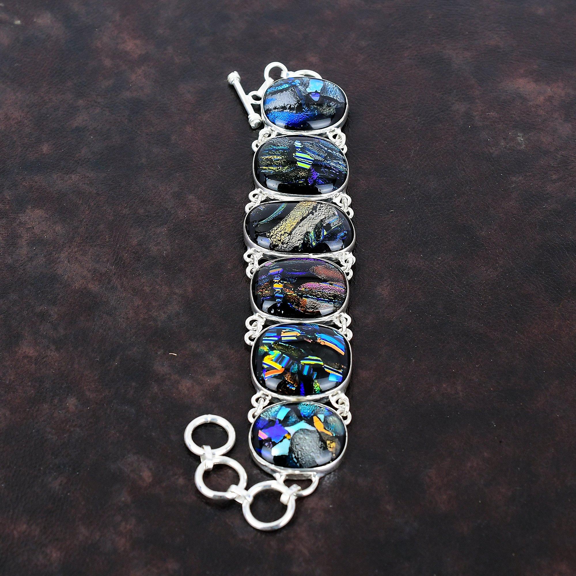 Браслет из американского дихроичного стекла Браслет из стерлингового серебра 925 пробы Регулируемый браслет-цепочка Браслет из драгоценных камней ручной работы Серебряные украшения для подарков