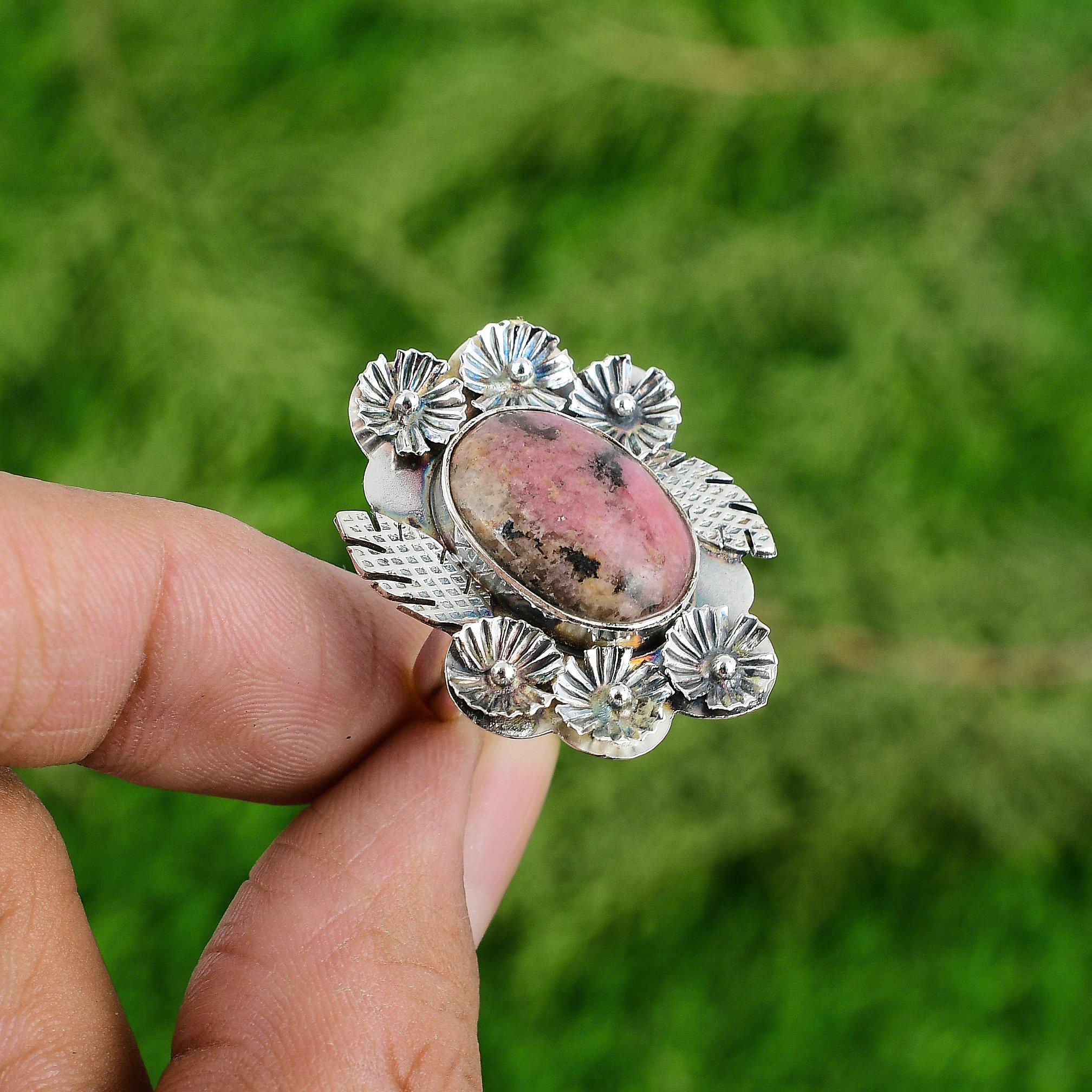 Gift For Her Natural Rhodonite Statement Flower Adjustable Ring 925 Silver