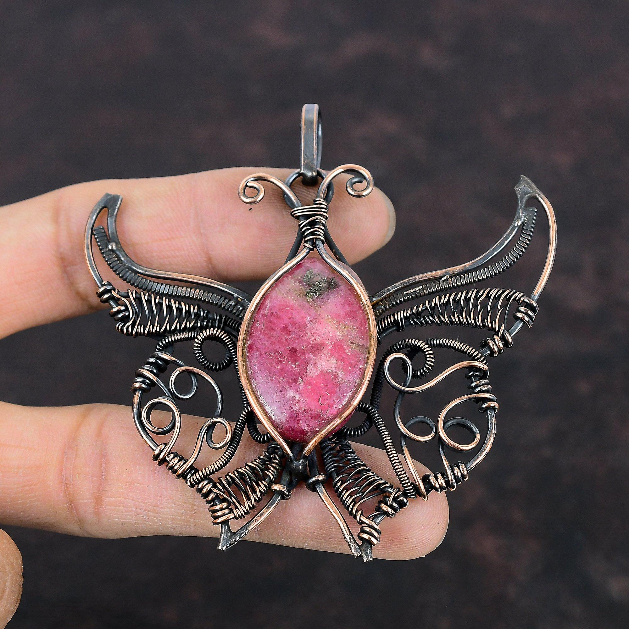 Rhodonite Pendant Copper Wire Wrapped Pendant Gemstone Jewelry Handmade Pendant Designer Jewelry Butterfly Pendant Copper Jewelry For Gifts