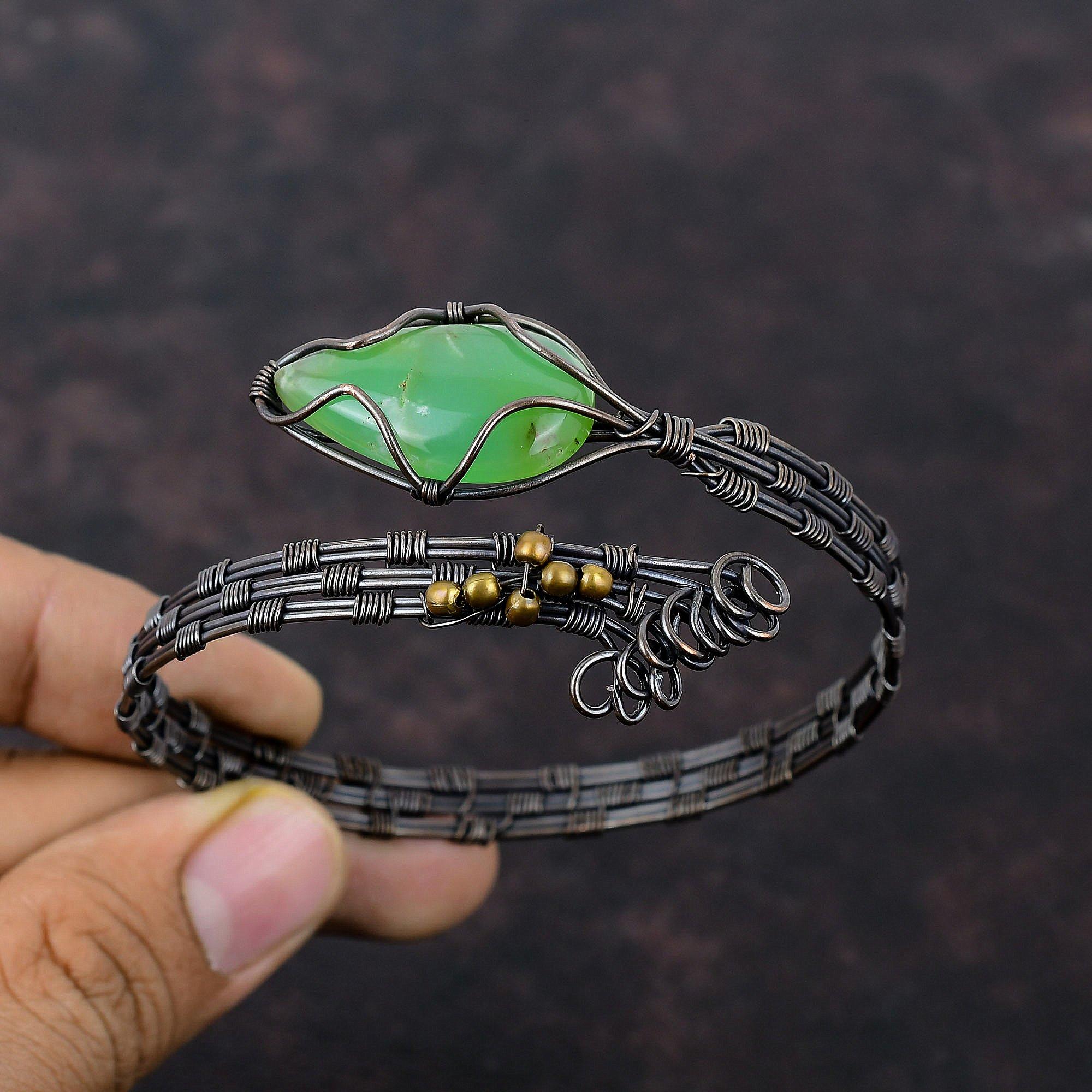 Браслет из хризопраза, обмотанный медной проволокой, регулируемый браслет-манжета, ювелирное изделие ручной работы, подарок для нее, ювелирное изделие из медной проволоки с драгоценными камнями