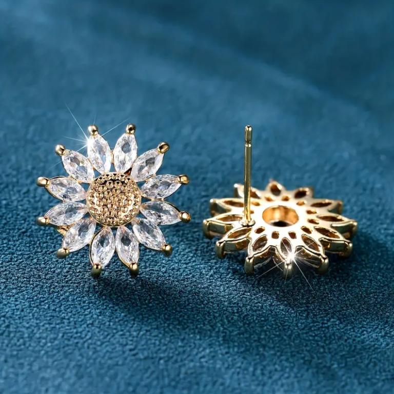Exquisite White Cubic Zirconia Sunflower Stud Earrings For Women Luxury Gold Color Wedding Earrings Party Jewelry Gifts