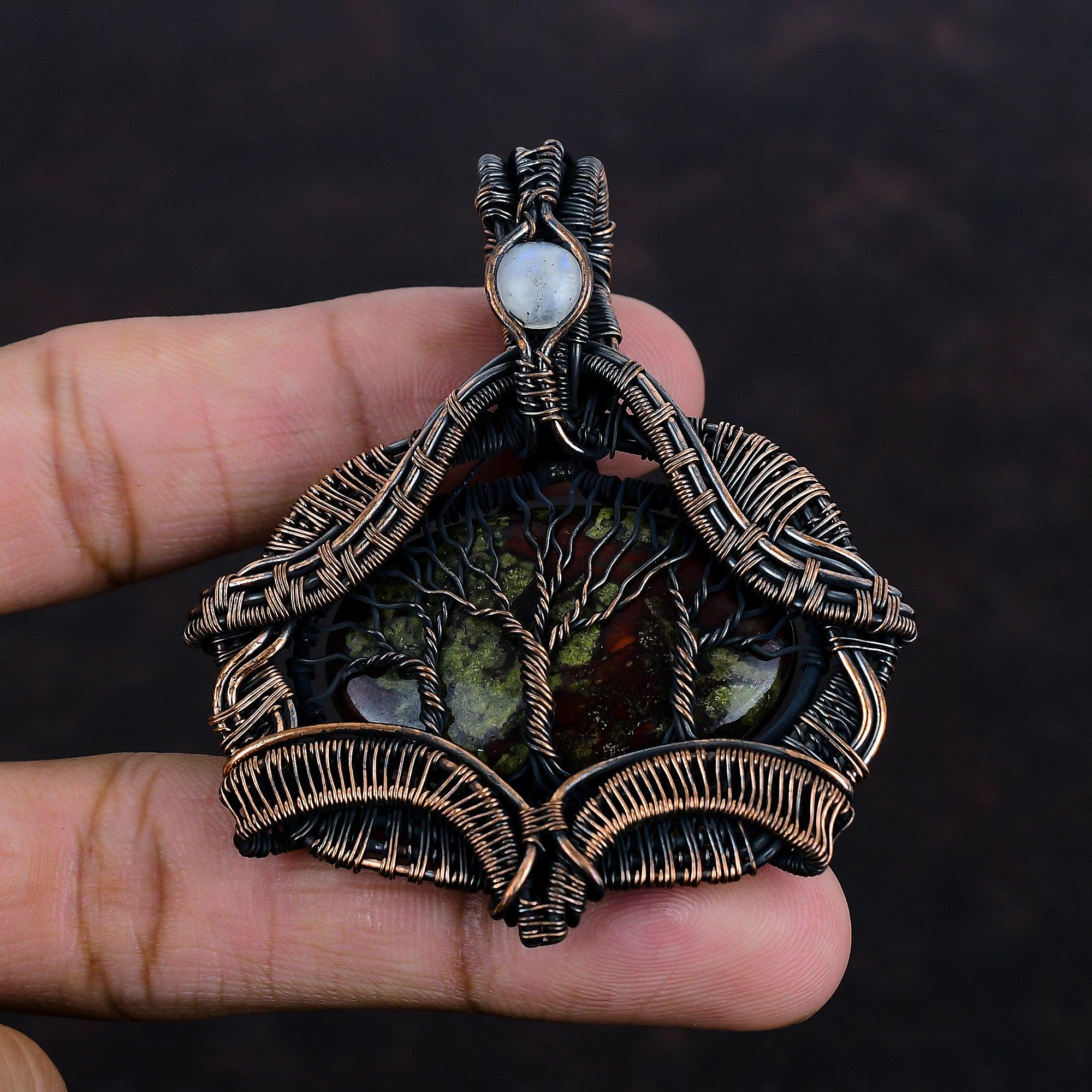 Подвеска Древо Жизни из Драконовой Яшмы, обернутая медной проволокой, Подвеска ручной работы, Ювелирное изделие с Радужным Лунным Камнем, Свадебный подарок, Ювелирное изделие с драгоценным камнем