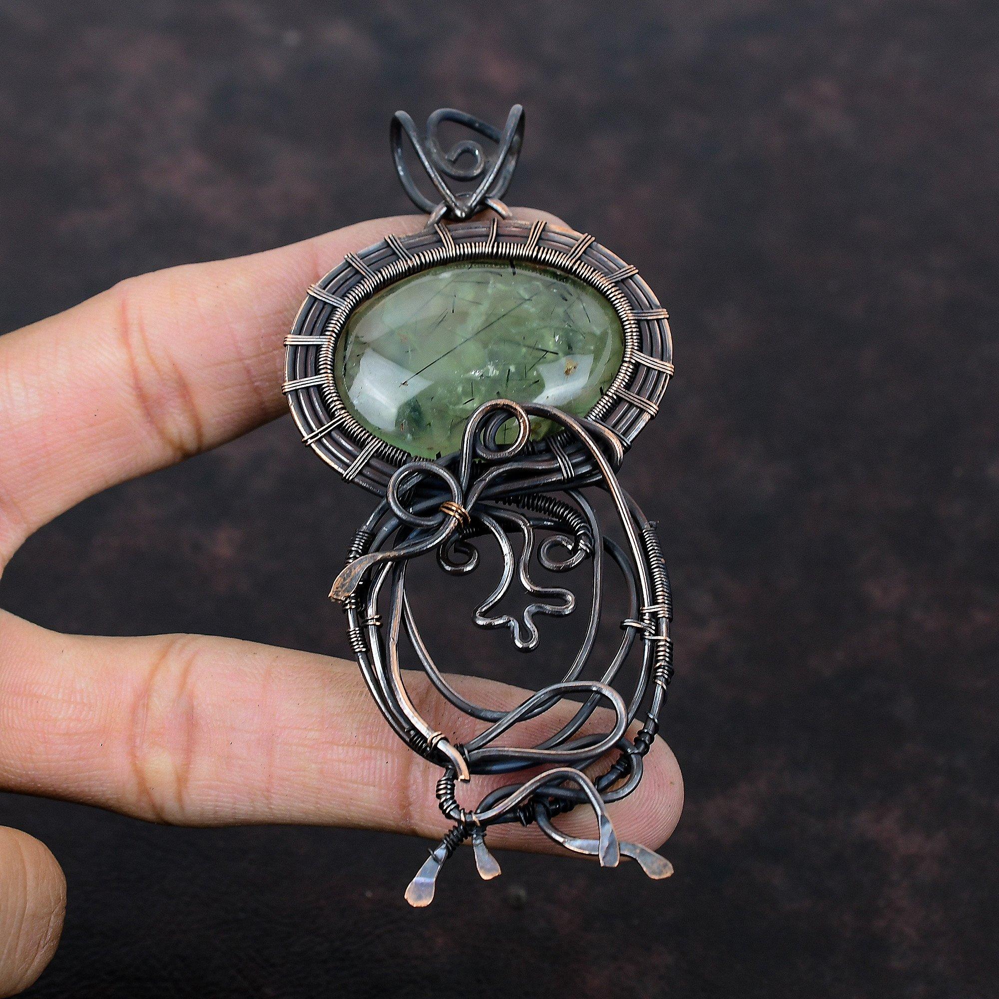 Moss Prehnite Pendant Copper Wire Wrapped Jewelry Handmade Pendant Wire Wrapped Pendant Gemstone Jewelry Antique Copper Pendant Gift For Him