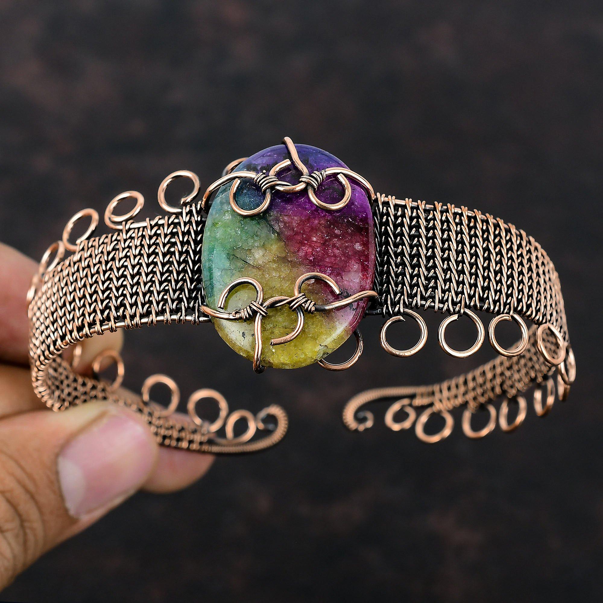 Rainbow Solar Quartz Druzy Bangle Copper Wire Wrapped Cuff Bracelet Adjustable Bangle Gemstone Bracelet Wedding Gift Handmade Copper Jewelry