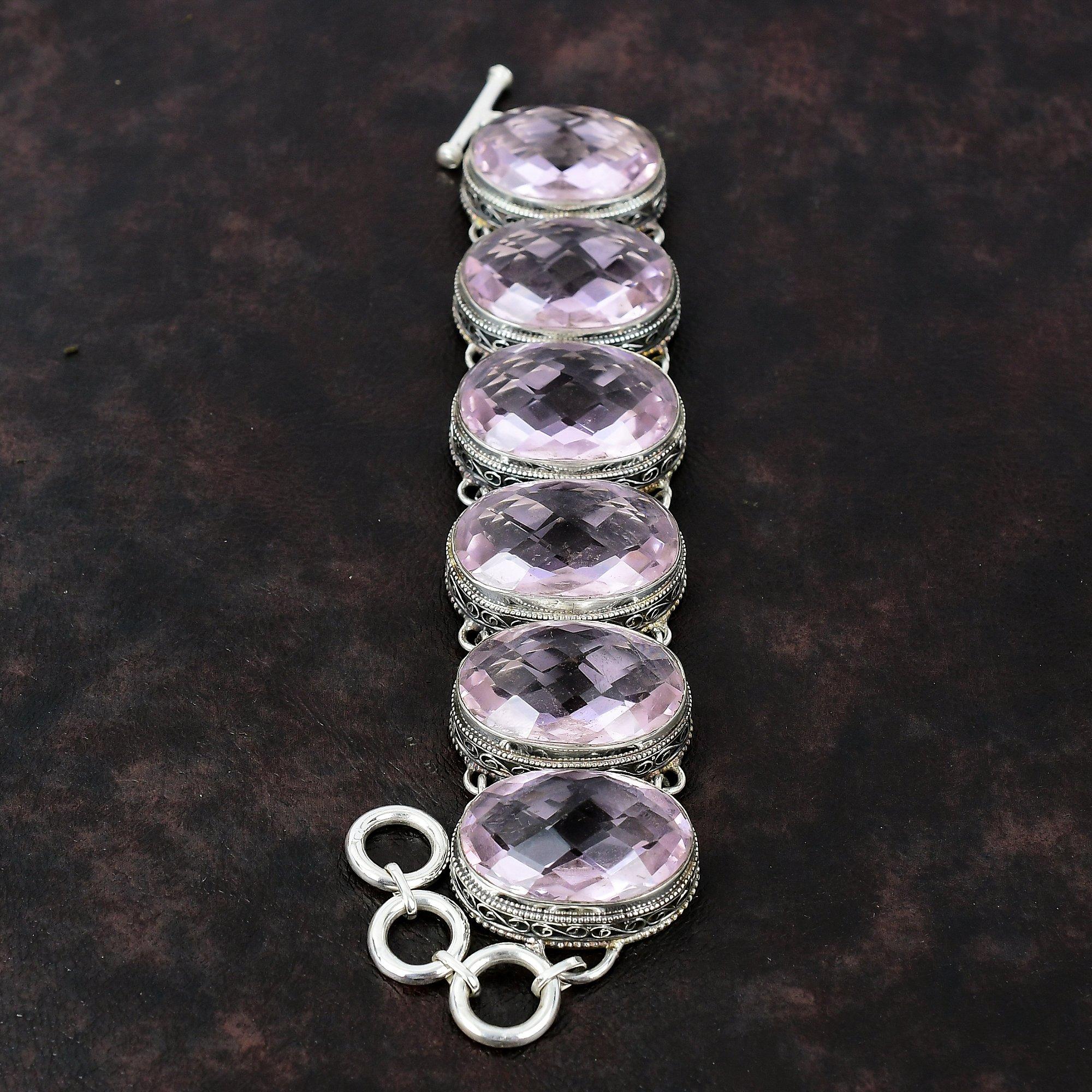Браслет из ограненного розового кунцита из стерлингового серебра 925 пробы, ювелирные изделия ручной работы, регулируемый браслет-цепочка, винтажный браслет, подарок для него