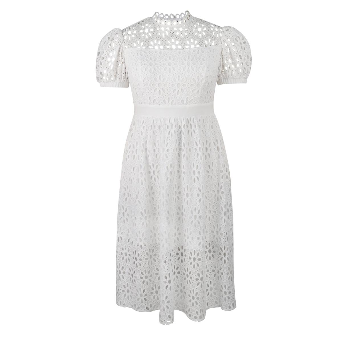 AOMEI White Lace Dresses Women Short Sleeve Hollow Out High Waist A Line Midi Casual Work Party Gowns