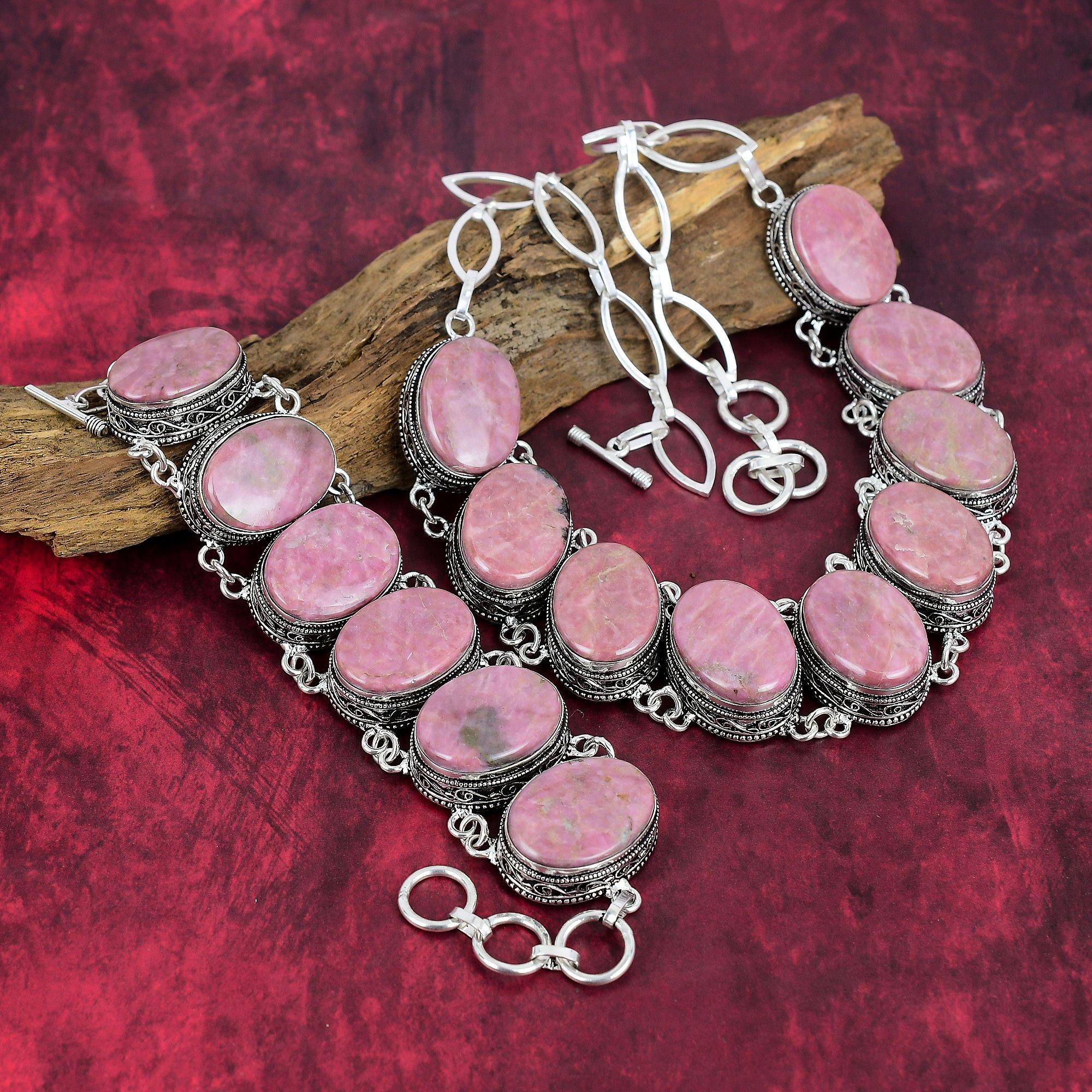 Rhodonite 925 Solid Sterling Silver Necklace & Bracelet Jewelry Set, Gorgeous Gemstone Jewelry Set Handmade Natural Jewelry For Gift