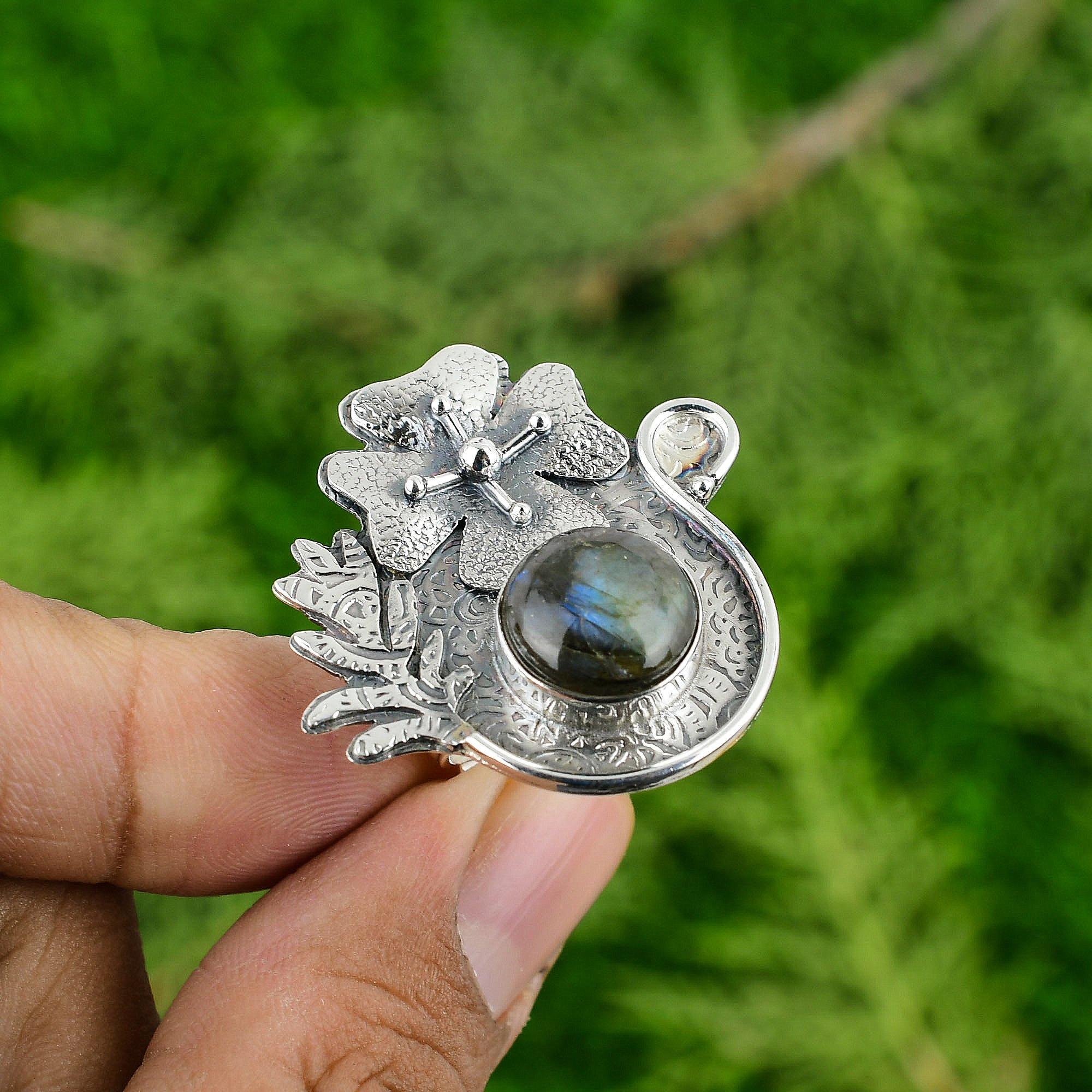 Gift For Her 925 Silver Natural Labradorite Promise Flower Adjustable Ring