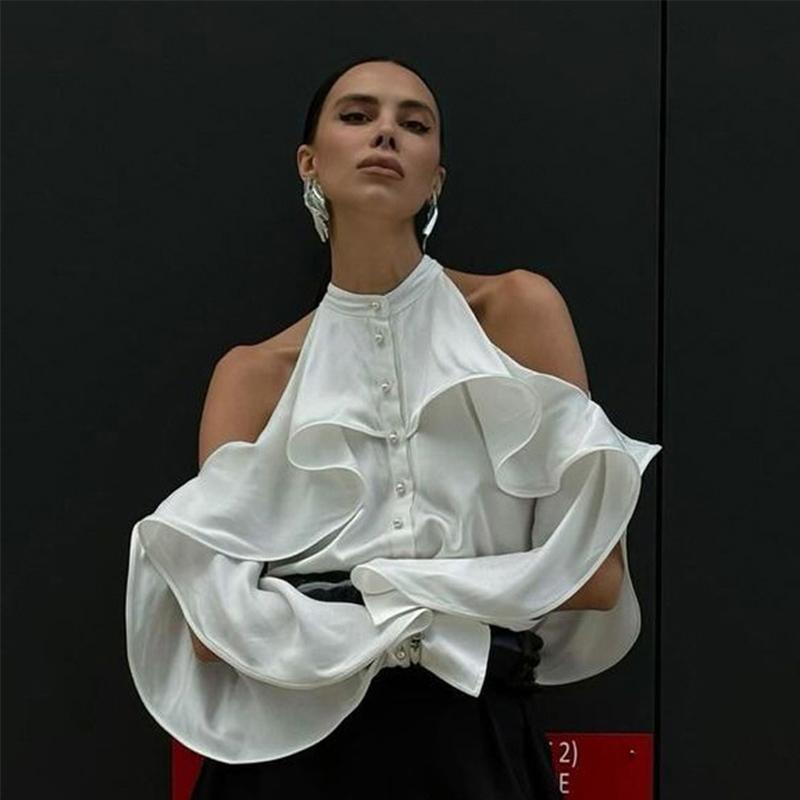 Halter Top Women Blouses Ruffled Round Neck Off-shoulder Long-sleeved High-end White Shirt New 2025 Spring French Design Fashionable