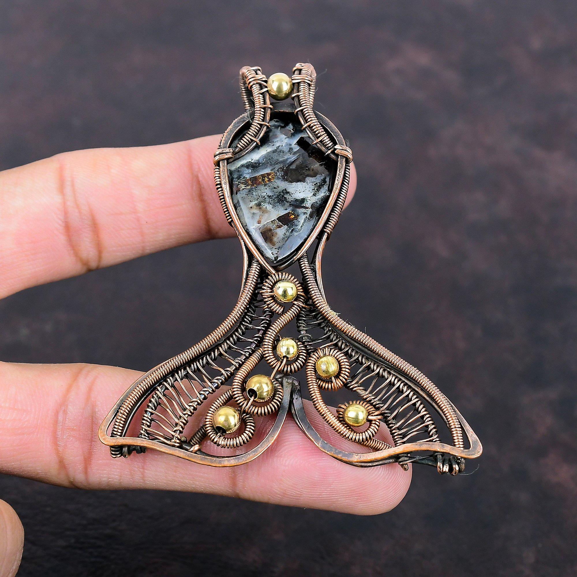 Астрофиллит Драгоценный Камень Подвеска Подвеска, Обмотанная Медной Проволокой Уникальная Подвеска в Виде Рыбы Медные Украшения Подвеска Ручной Работы Подарок для Него Стильная Подвеска