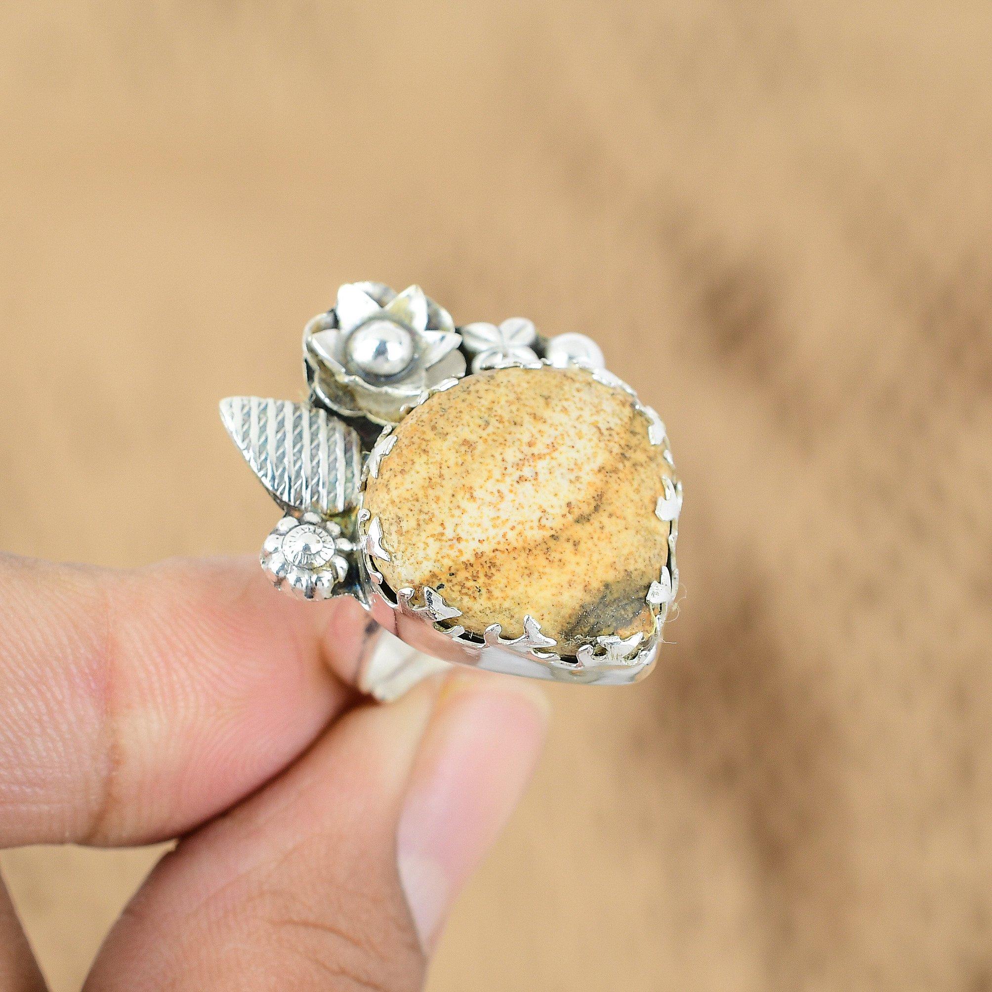 Picture Jasper Stone Sterling Silver Statement Wife Flower Promise Ring Jewelry