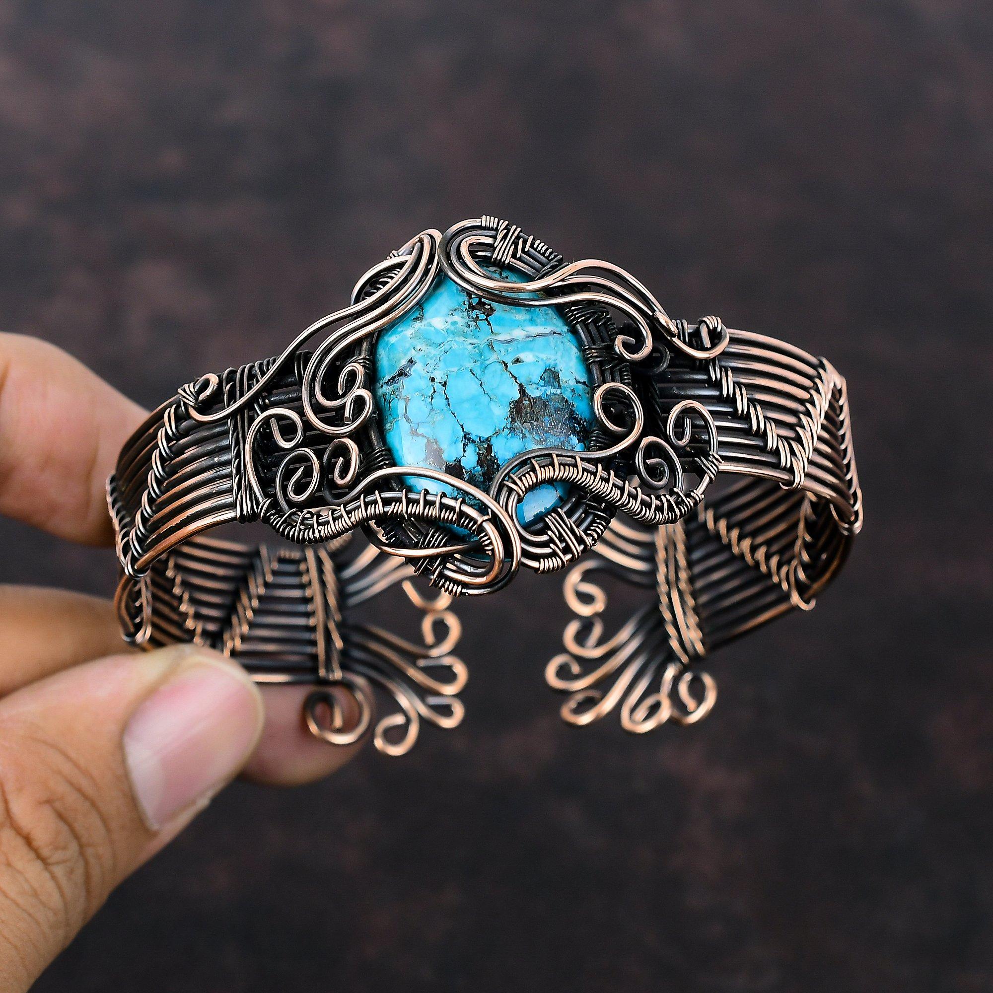 Браслет из тибетского бирюзового камня, регулируемый браслет-манжета, браслет из медной проволоки, дизайнерский браслет ручной работы, медные ювелирные изделия в подарок для женщин