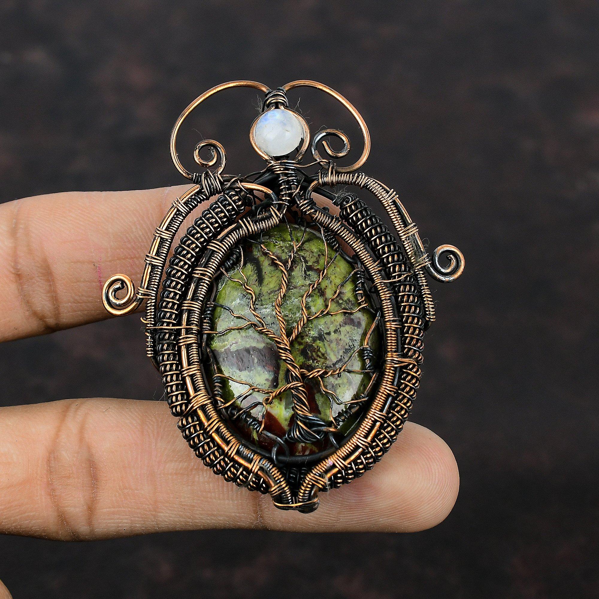 Древо Жизни Дракон Кровавый Камень Подвеска Медная Проволока Обернутая Подвеска Из Драгоценного Камня Ручной Работы Радуга Подвеска из Лунного Камня Подарок Для Нее Медные Ювелирные Изделия