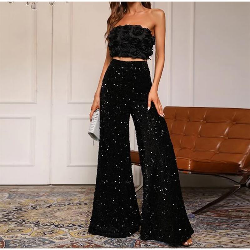 Sexy Women Nightclub Elastic High Waist Casual Loose Wide Leg Glitter Sequin Bell Bottom Pants 2025 New Female Party Trousers