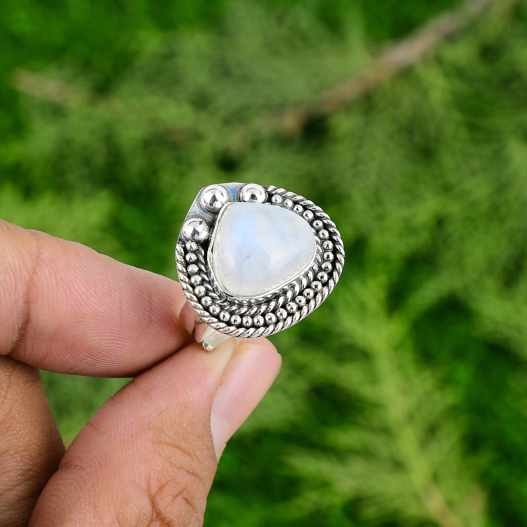 Серебро 925 пробы Груша Камень Радужный Лунный камень Свадебное Заявление Мать Элегантное Кольцо