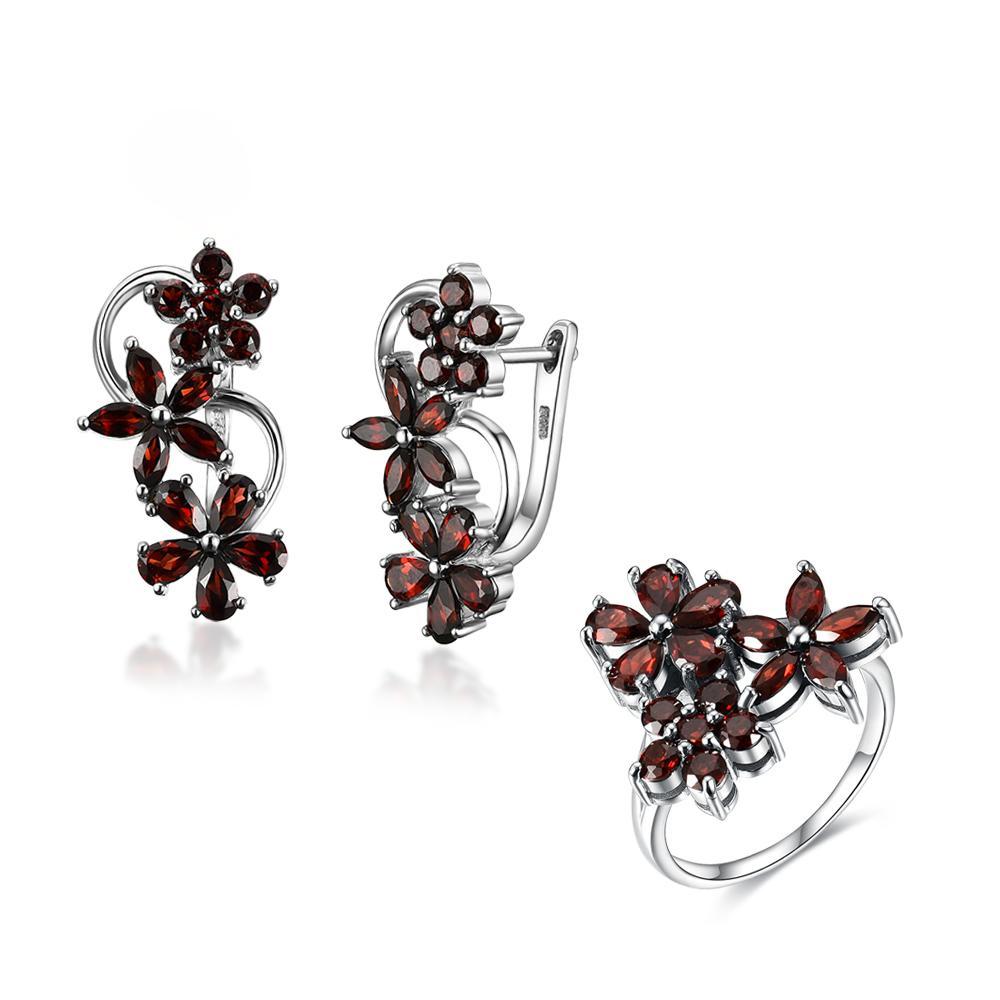 Новый комплект ювелирных изделий из кольца и сережек с натуральным гранатом из стерлингового серебра S925, модный дизайн, женская повседневная одежда, бутик ювелирных изделий