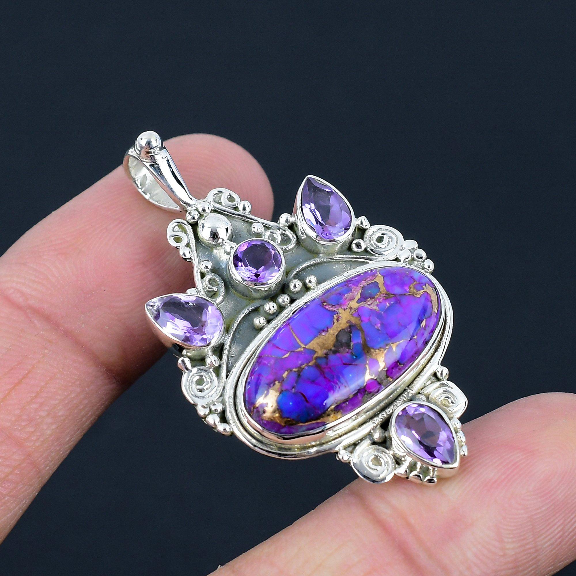 Подвеска из натурального фиолетового медного бирюзового камня, серебро 925 пробы, крошечный драгоценный камень аметист, подвеска ручной работы, ювелирный подарок на День святого Валентина