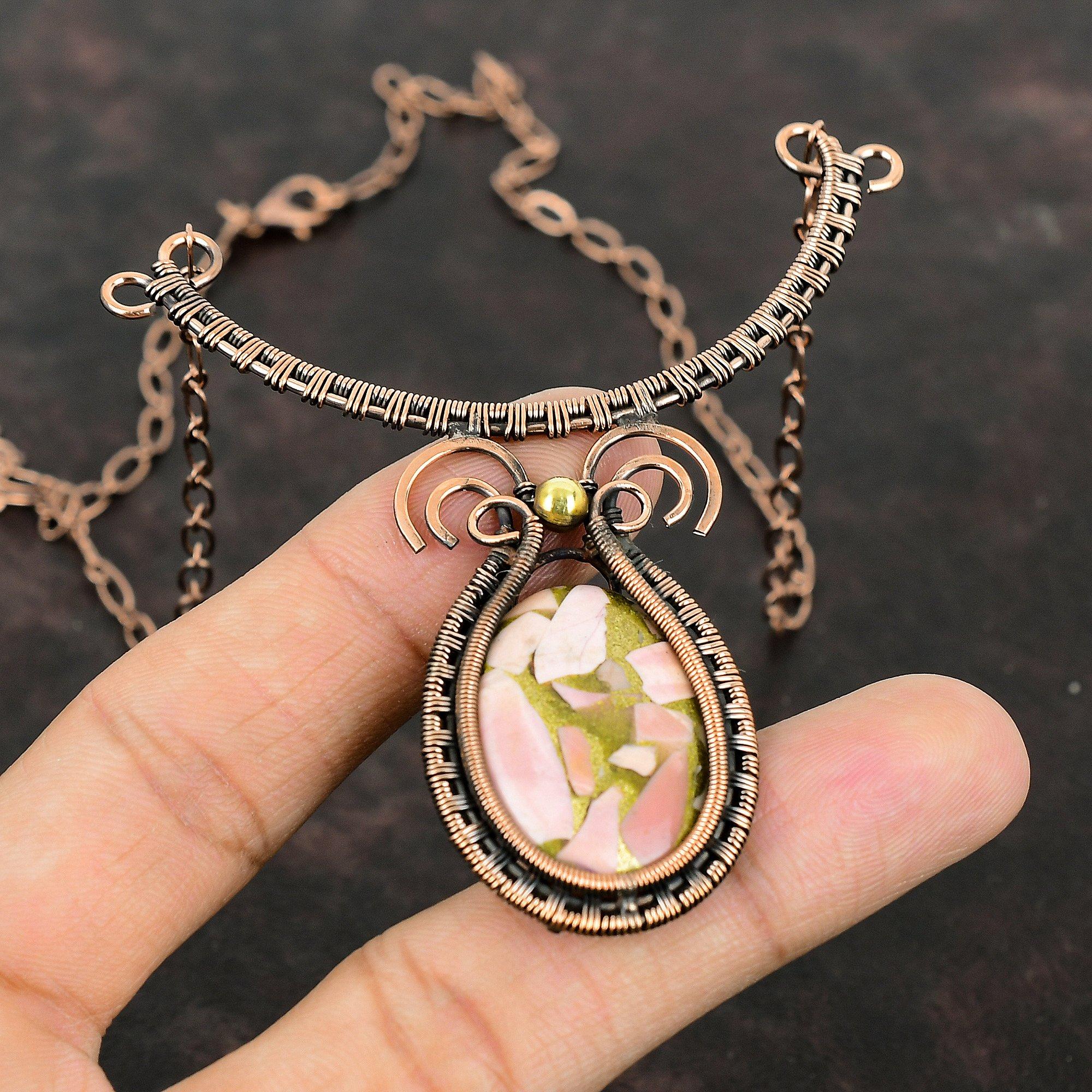Copper Pink Opal Necklace Copper Wire Wrapped Gemstone Necklace Adjustable Necklace Handmade Necklace Wonderful Copper Jewelry Gift For Her