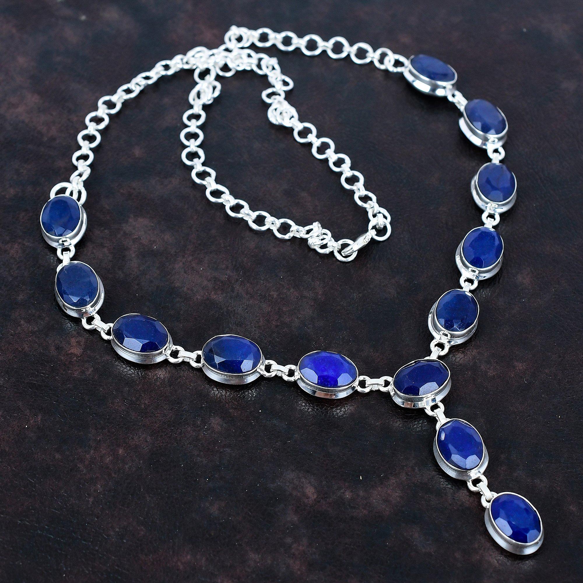 Ожерелье с граненым синим сапфиром, драгоценный камень, ручная работа, ожерелье с камнем, ювелирное украшение из стерлингового серебра 925 пробы, регулируемая цепочка, подарки для матери