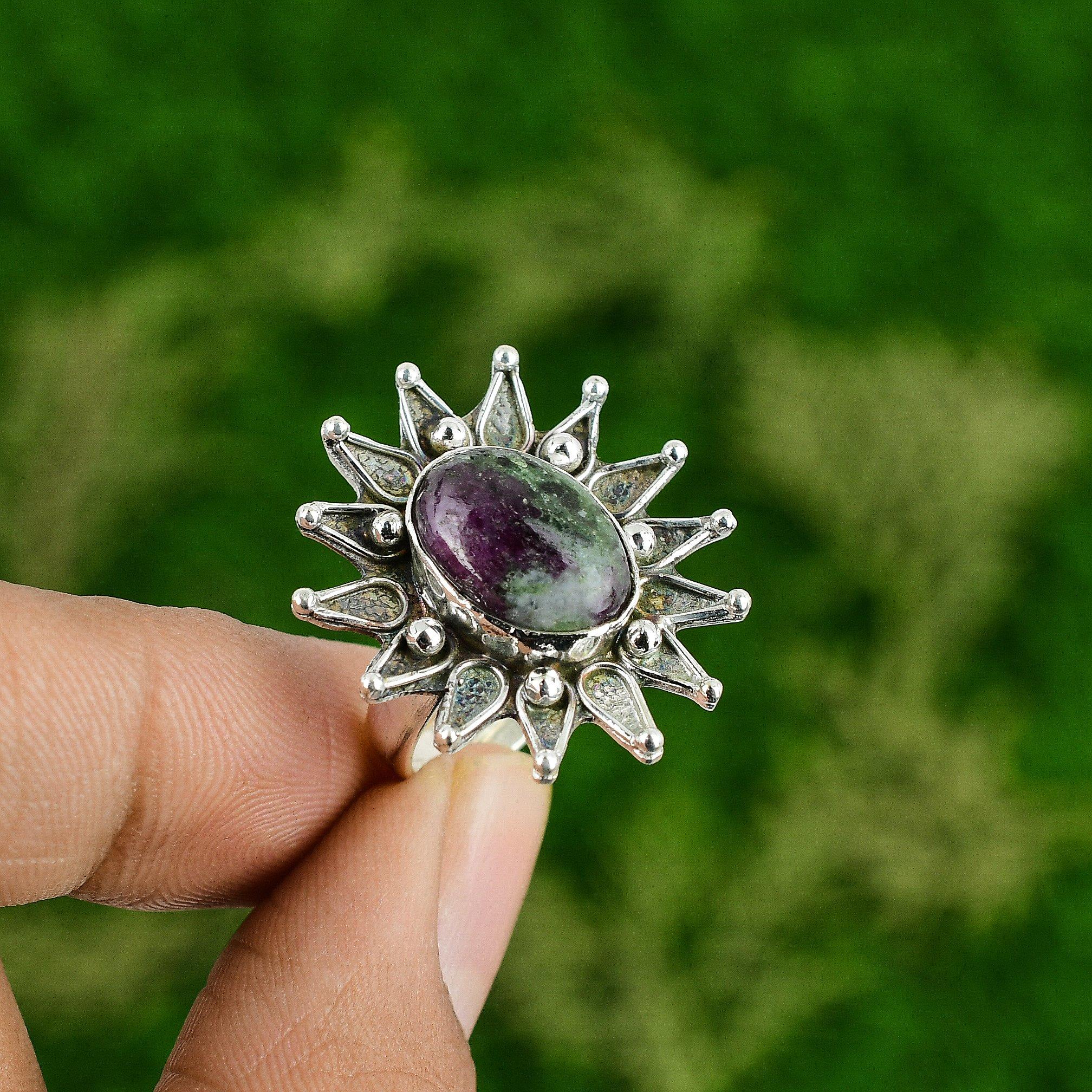 Oval Natural Ruby Zoisite Anniversary Flower Wife Stackable Ring Sterling Silver