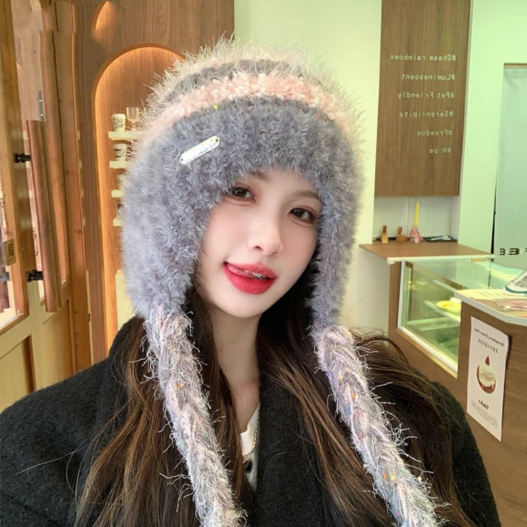 Женская осенне-зимняя теплая утолщенная защитная шапка с холодным мехом и бархатом, двойная тесьма, вязаная шапка, милая разноцветная шапка