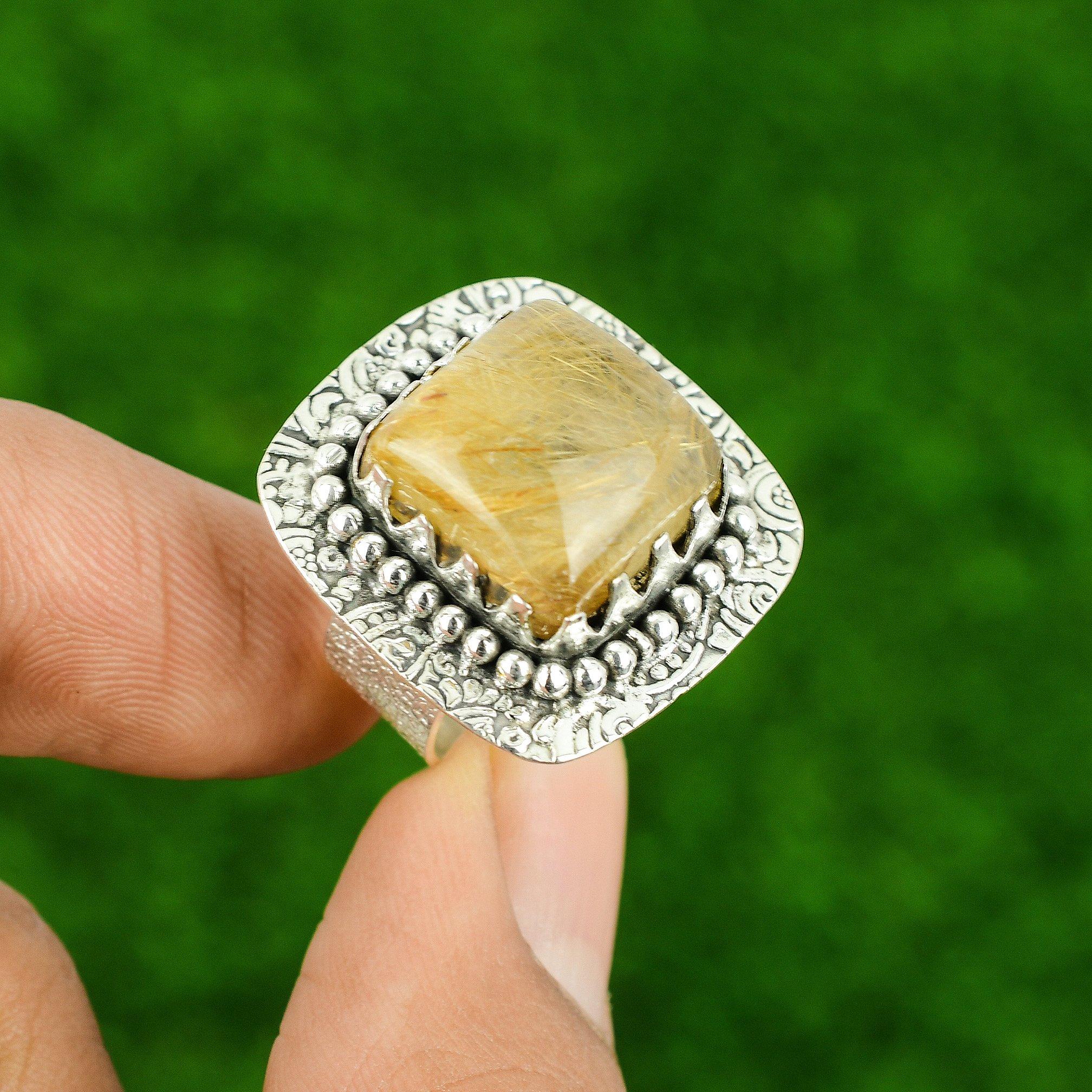 Sterling Silver Golden Rutile Gemstone Unique Promise Wedding Ring Jewelry US 7